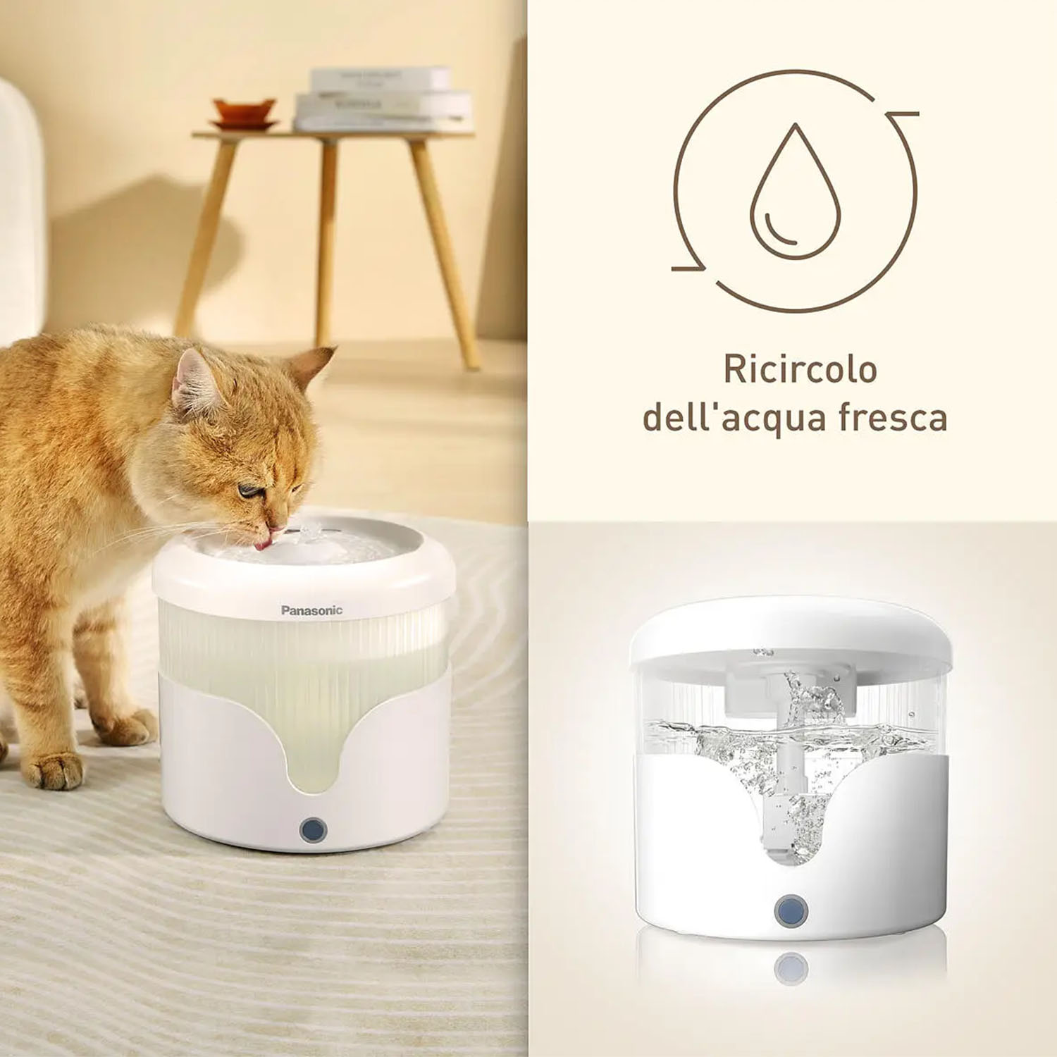 Gatto che beve da una fontana bianca. La fontana ha un contenitore trasparente e un'icona di circolazione dell'acqua.