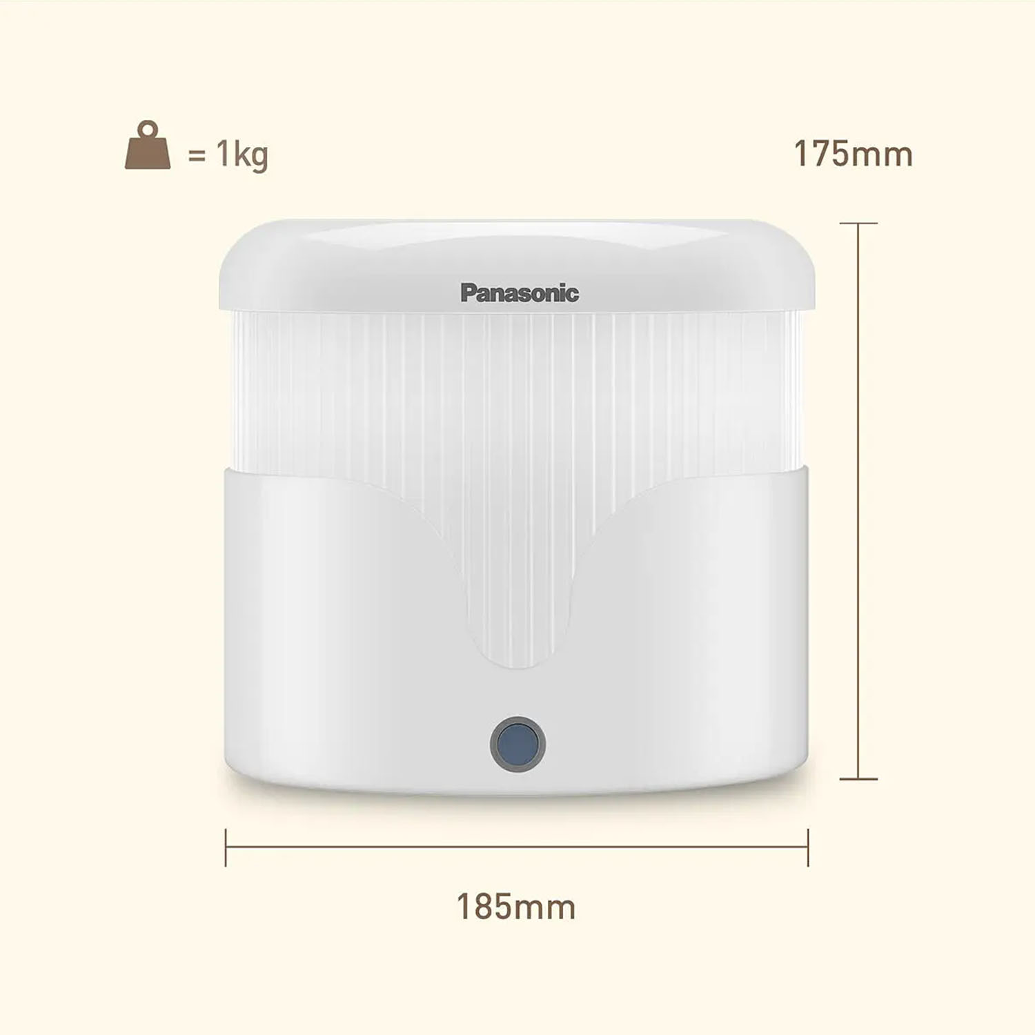 Elettrodomestico bianco con misure e peso di 1 kg, con il marchio Panasonic.