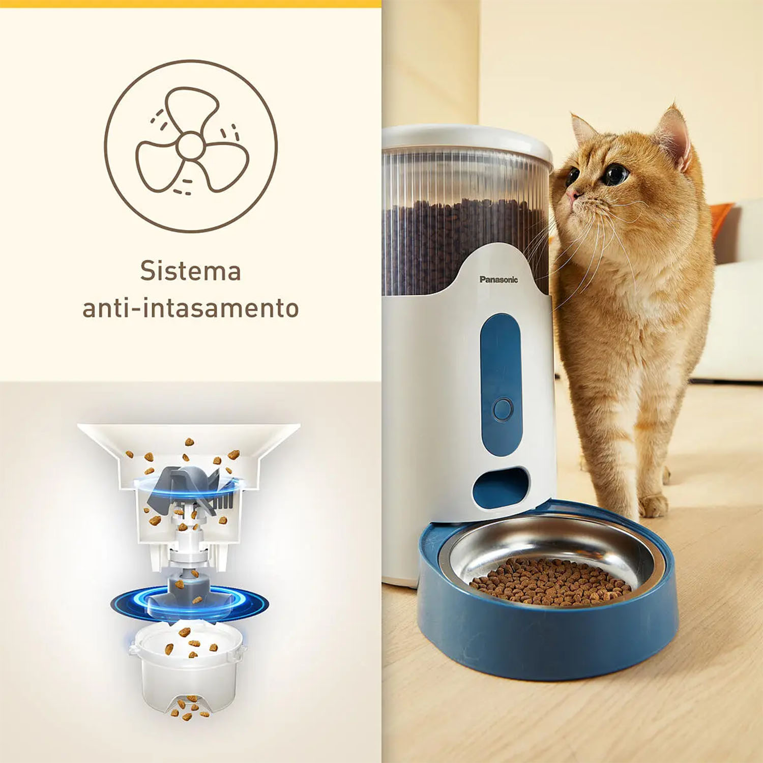Gatto osserva un distributore di cibo, con diagramma del meccanismo.