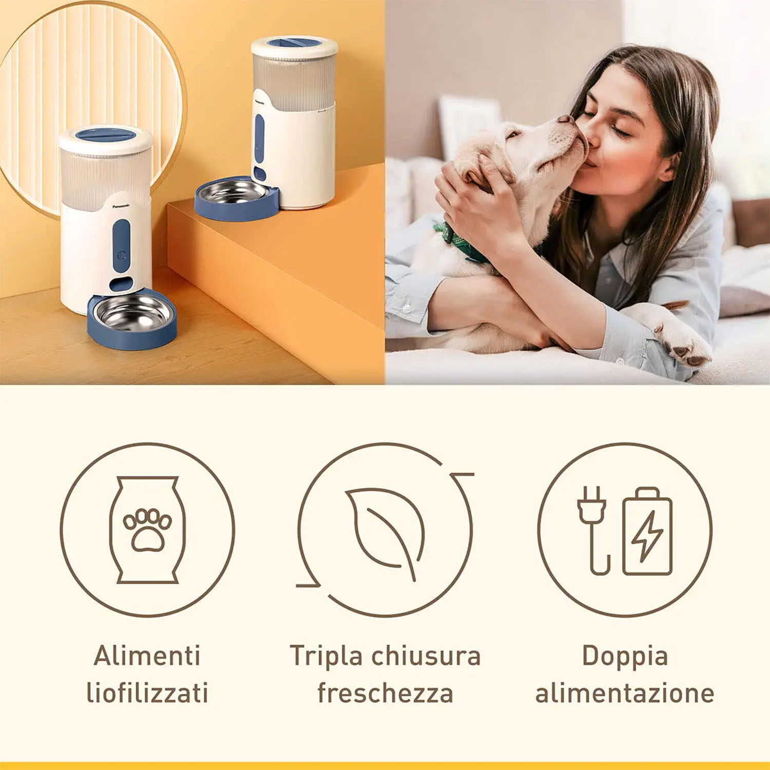 Mangia automatico per animali, donna bacia cucciolo, icone sotto.