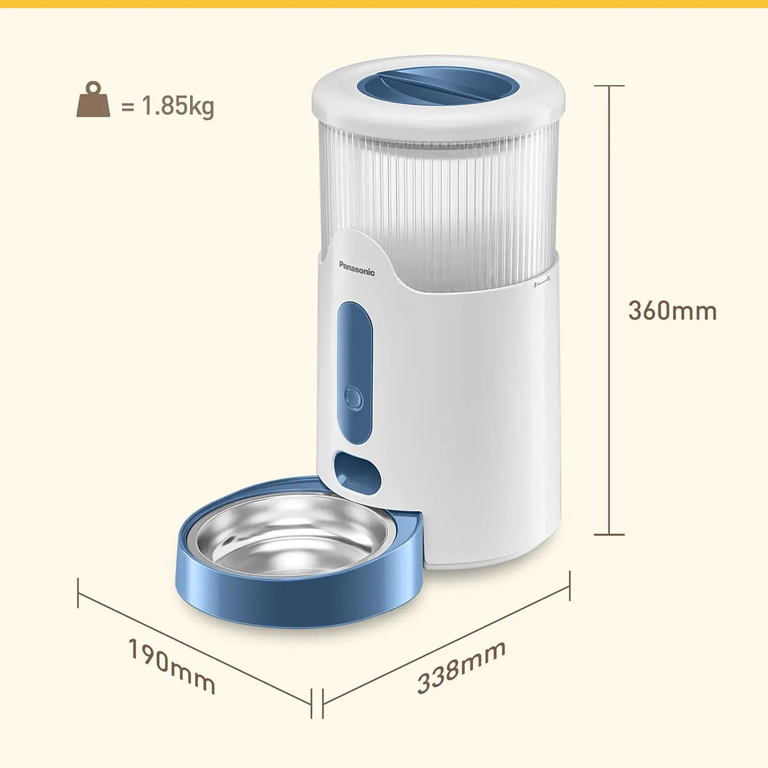 Distributore automatico cibo per animali domestici. Design bianco e blu con ciotola, misure in mm e kg.