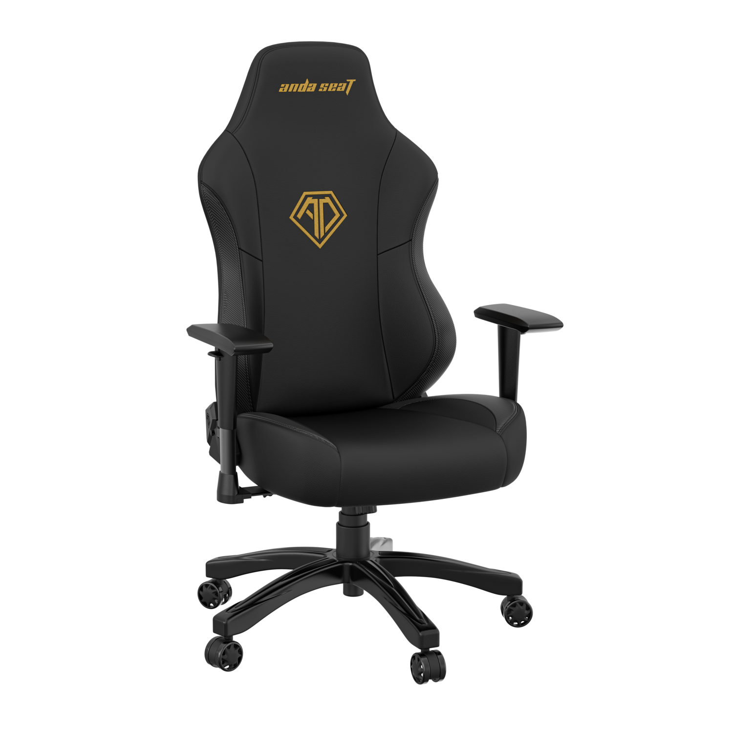 Black Anda Seat gaming chair with a gold logo, black armrests, and a black base.