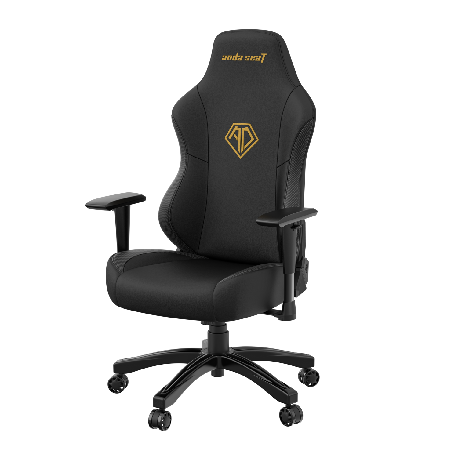 Black gaming chair with gold logo and armrests, on a black base with wheels, against a white backdrop.
