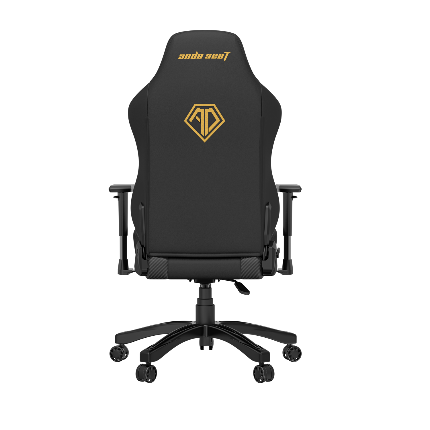 Rear view of a black gaming chair with a gold logo and a black base and wheels.