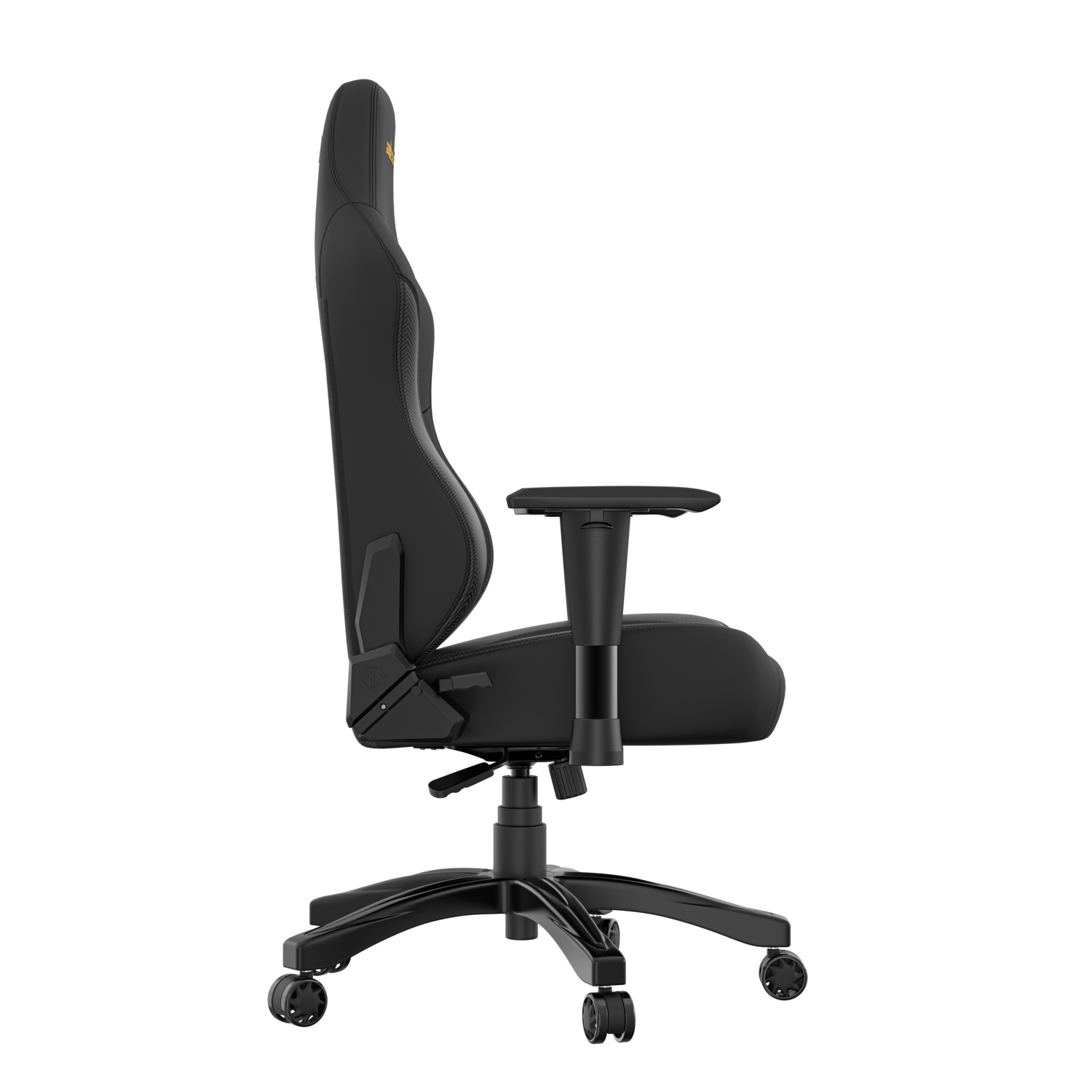 Side view of a black gaming chair on a black background.