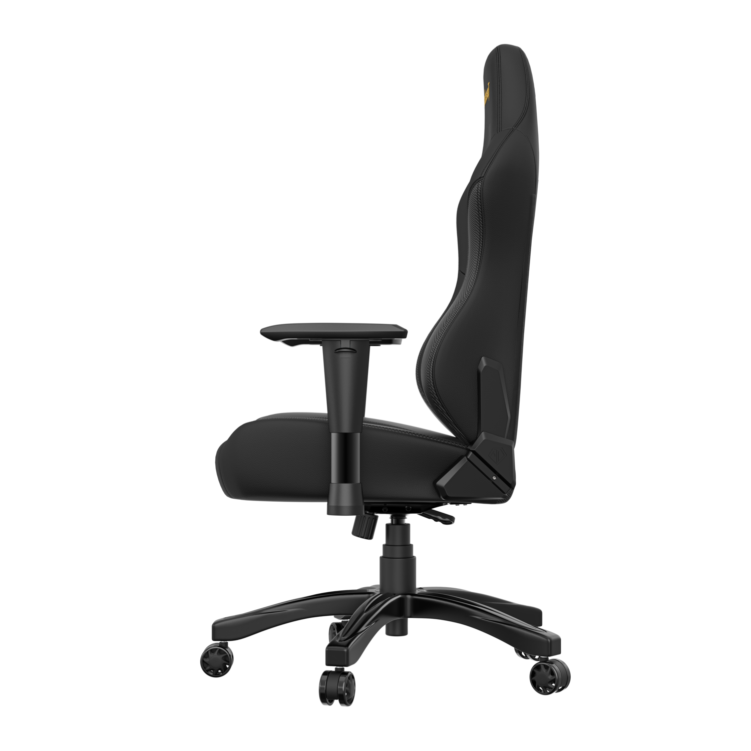 Black gaming chair with yellow logo. Side view, black background. Includes armrests and wheels.