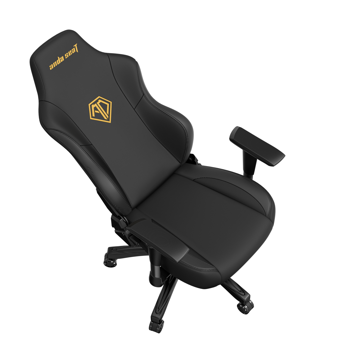 A black Anda Seat gaming chair with a yellow logo and black armrests, viewed from above.