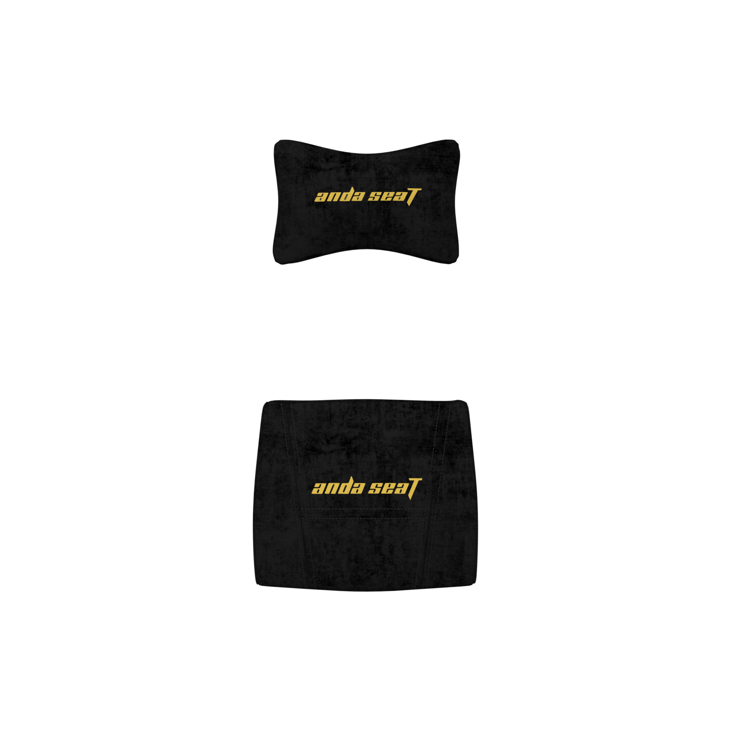 Black Anda Seat neck and back support. Gold Anda Seat logo. Black background.