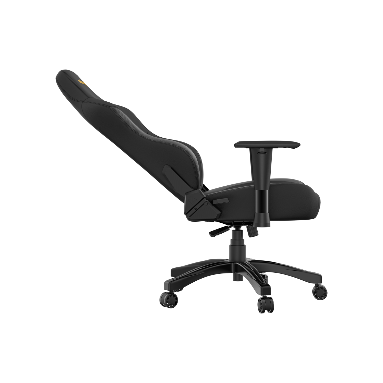 A black gaming chair is shown, with its back elevated and the armrests visible. The background is black.
