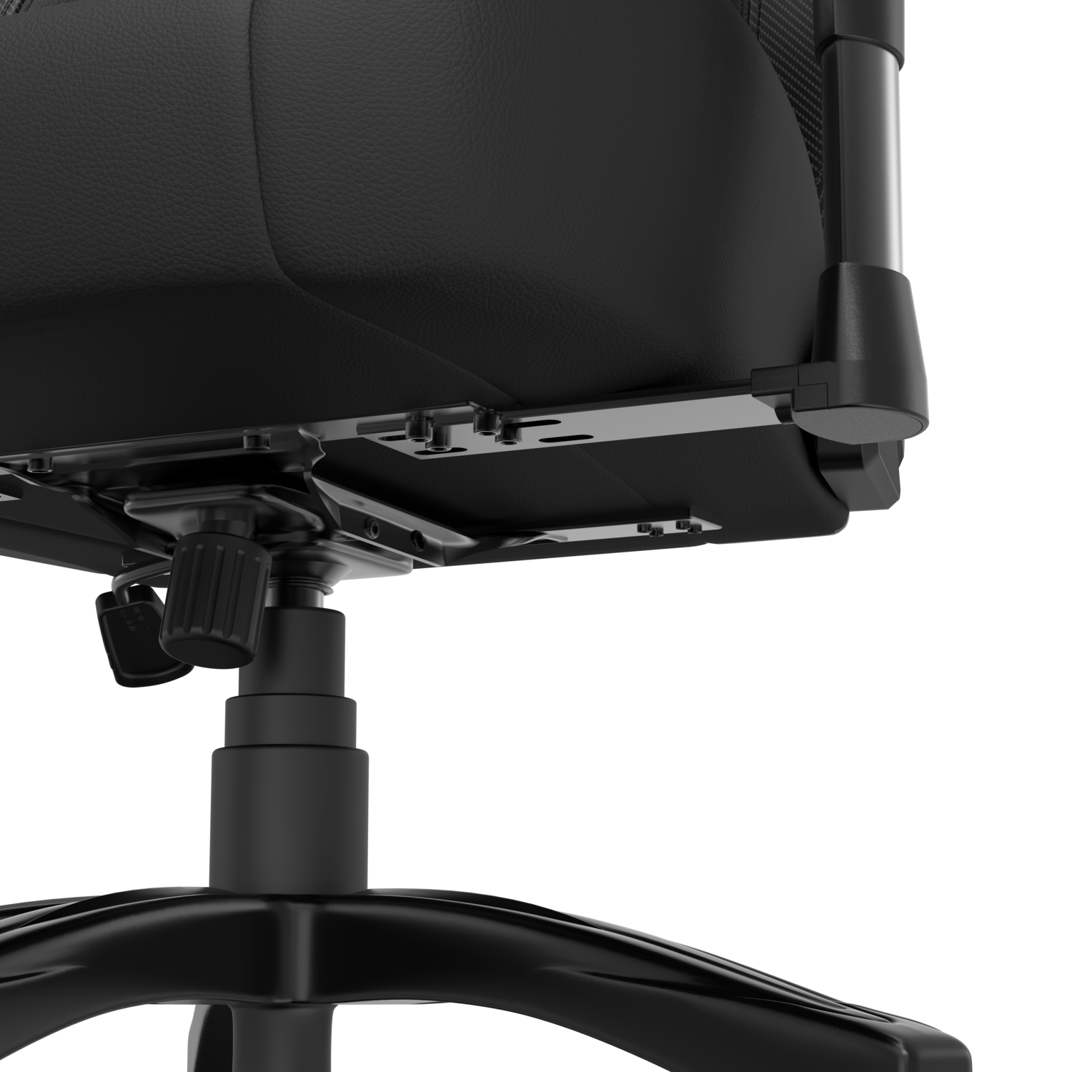 Close-up of a black office chair base and adjustment components.