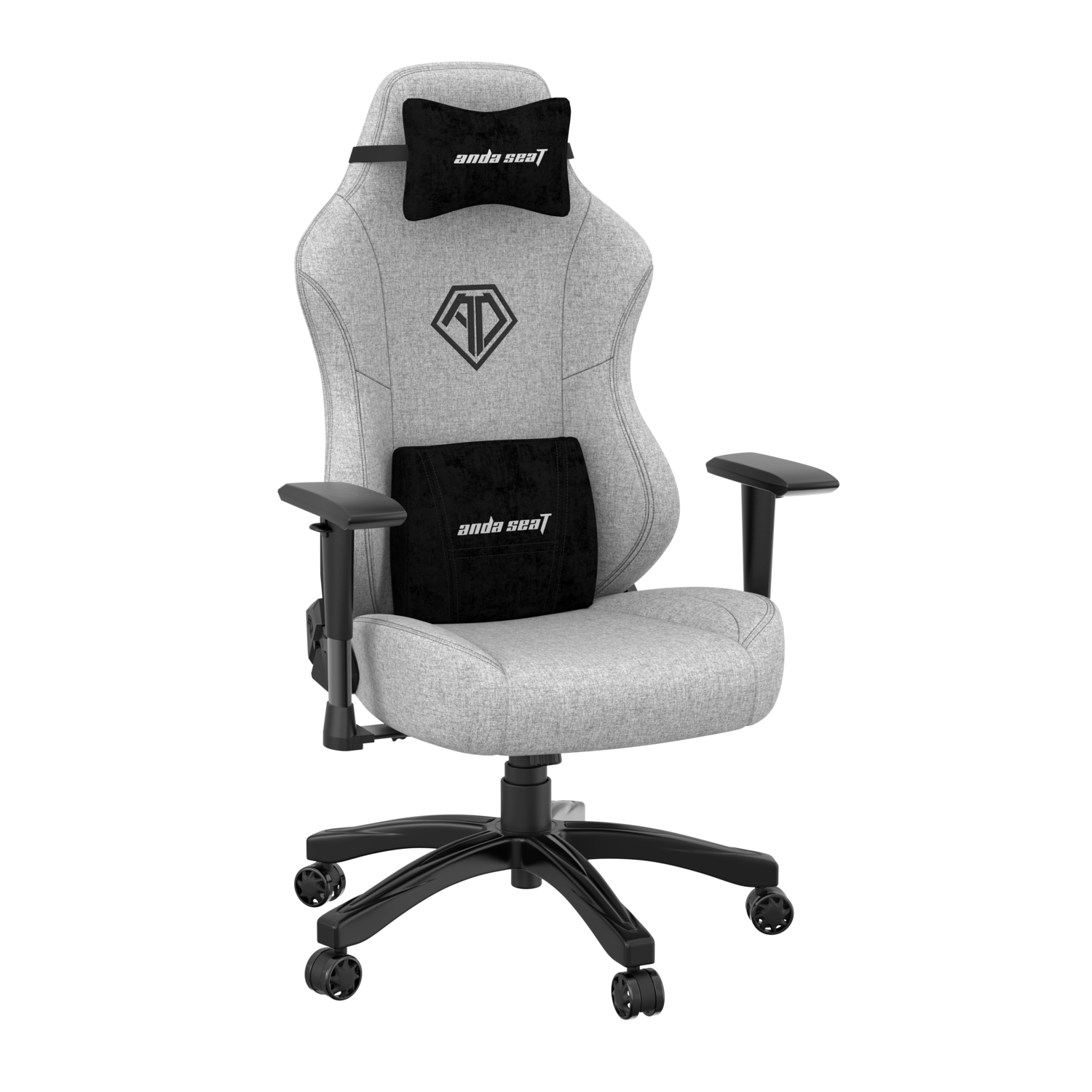 A gray gaming chair with black armrests and base. It has two black pillows and a logo on the backrest.