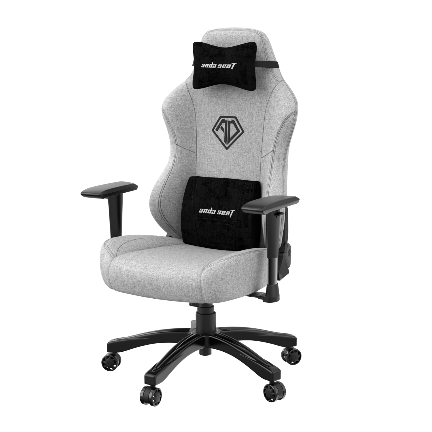 Gray gaming chair with black accents and logo. Includes headrest and lumbar support pillows.