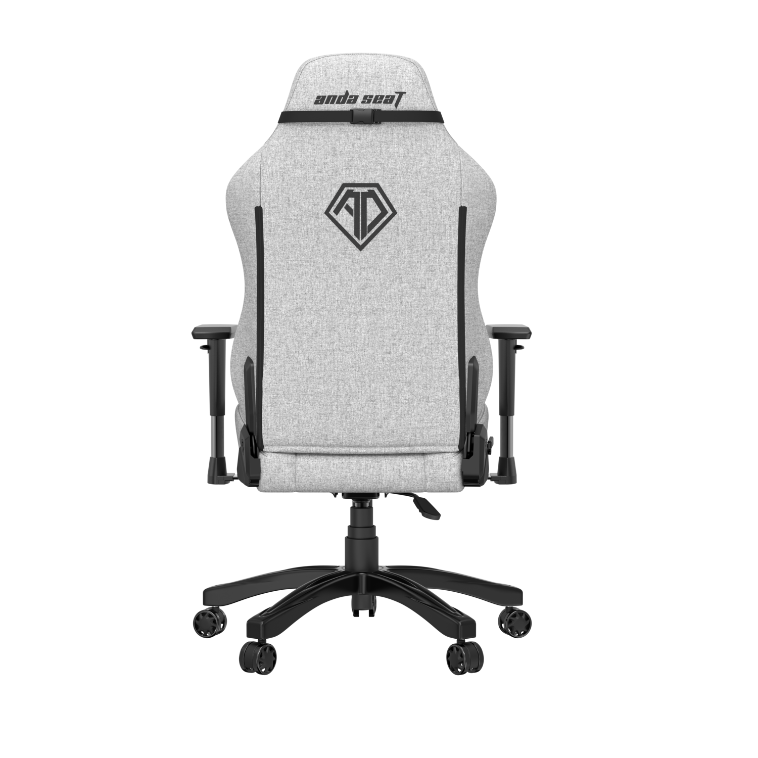 Back view of a light gray gaming chair with black accents, logo at top, black base and wheels.