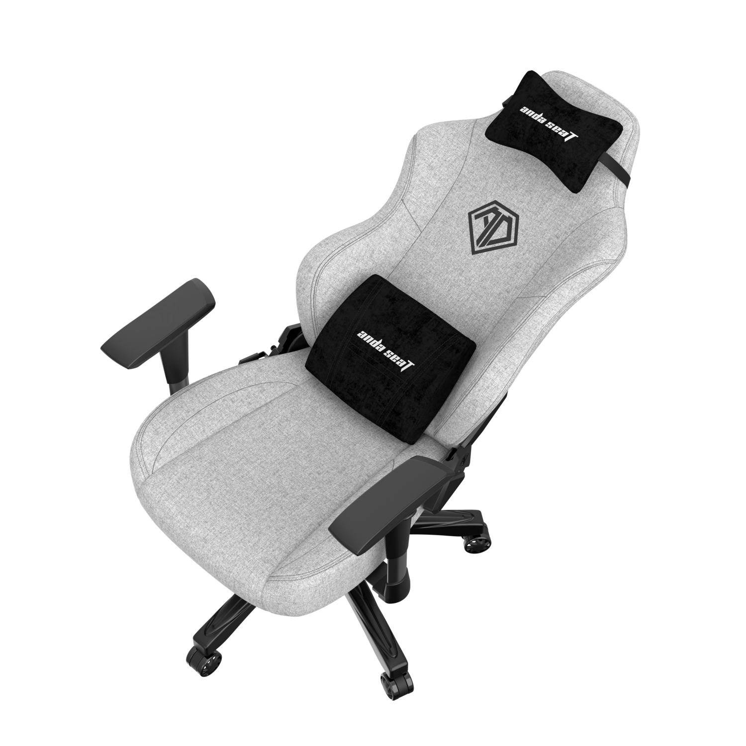 Grey and black gaming chair with head and lumbar support pillows.