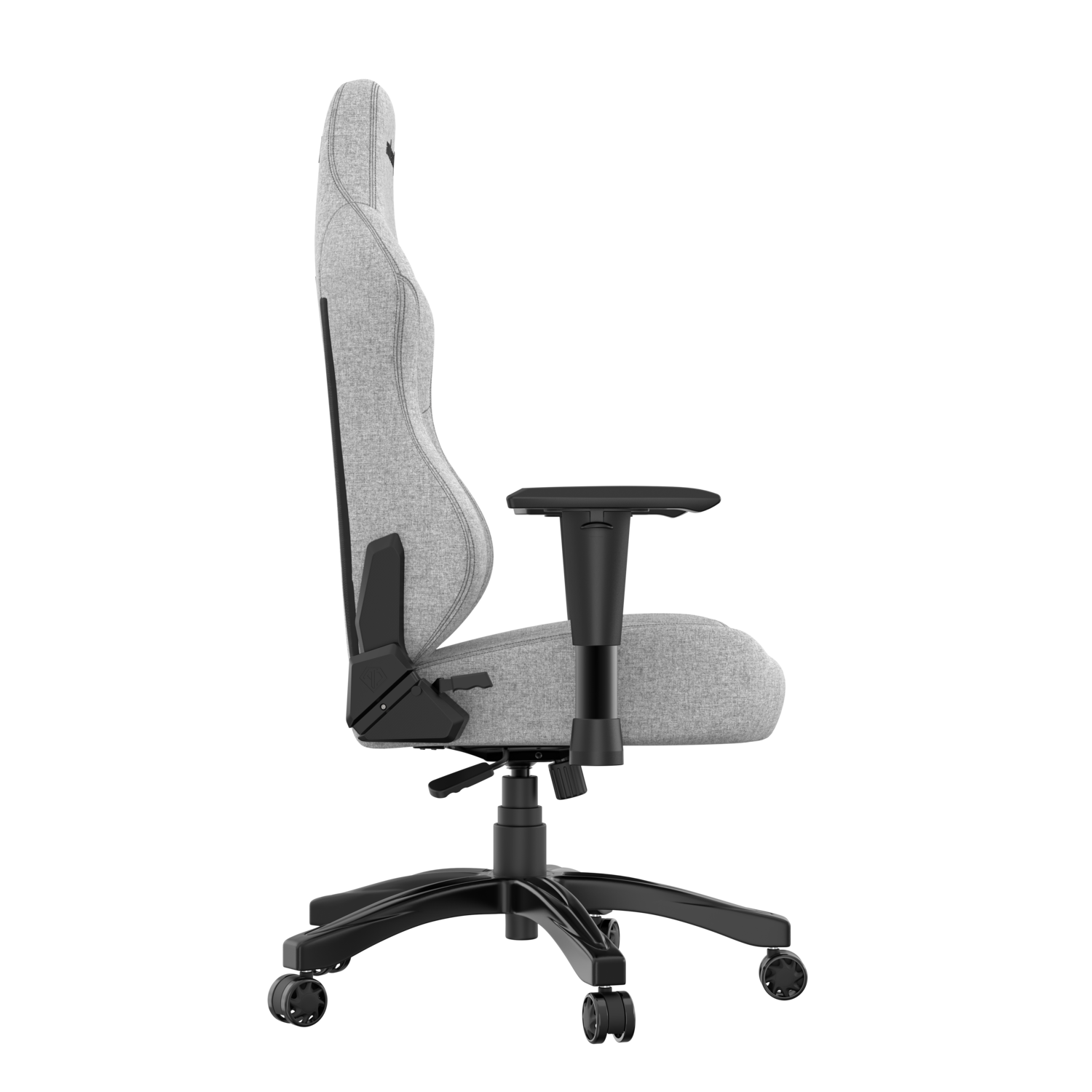 A grey gaming chair is shown in profile on a black background.