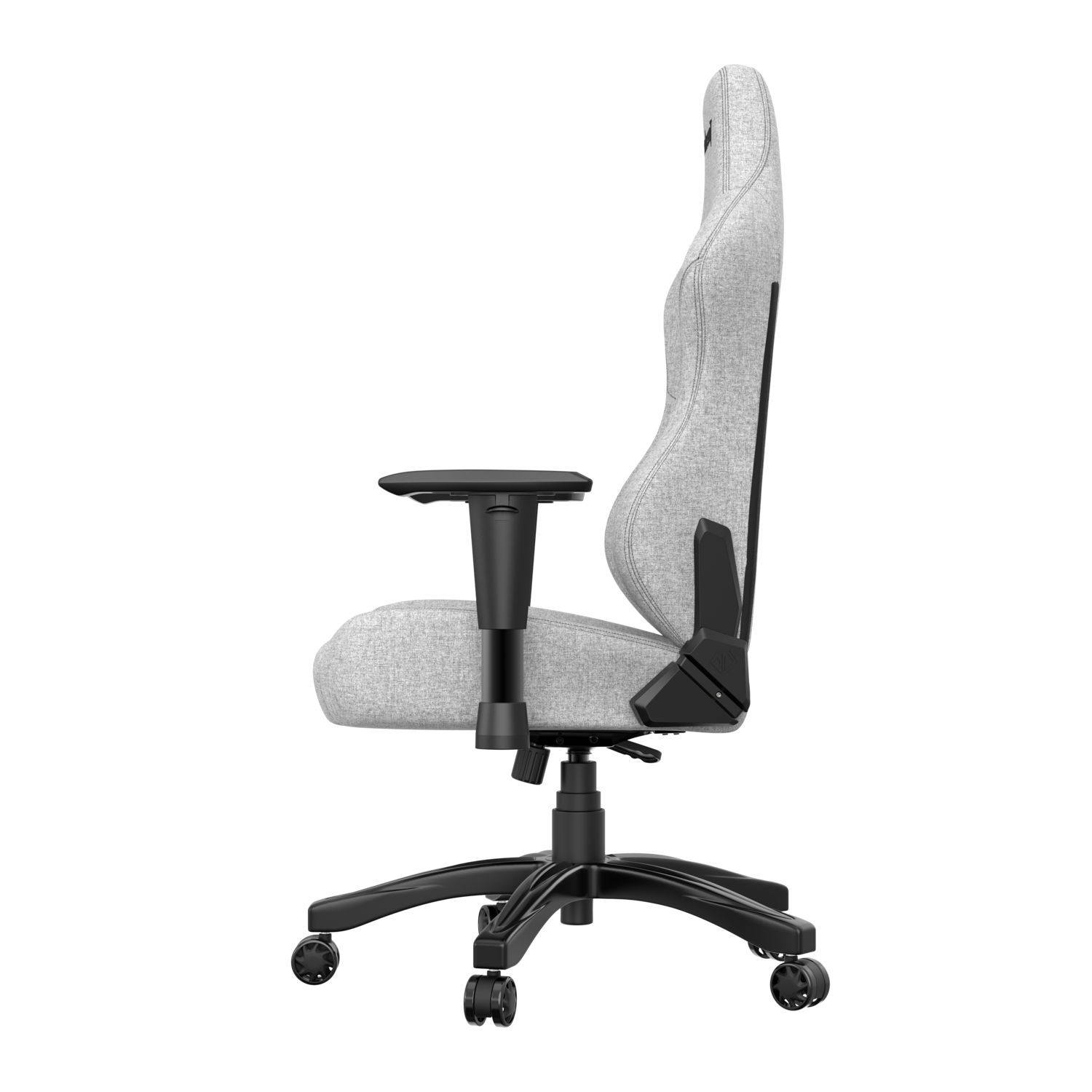 Side view of a light gray gaming chair with black armrests, a black base, and a black background.