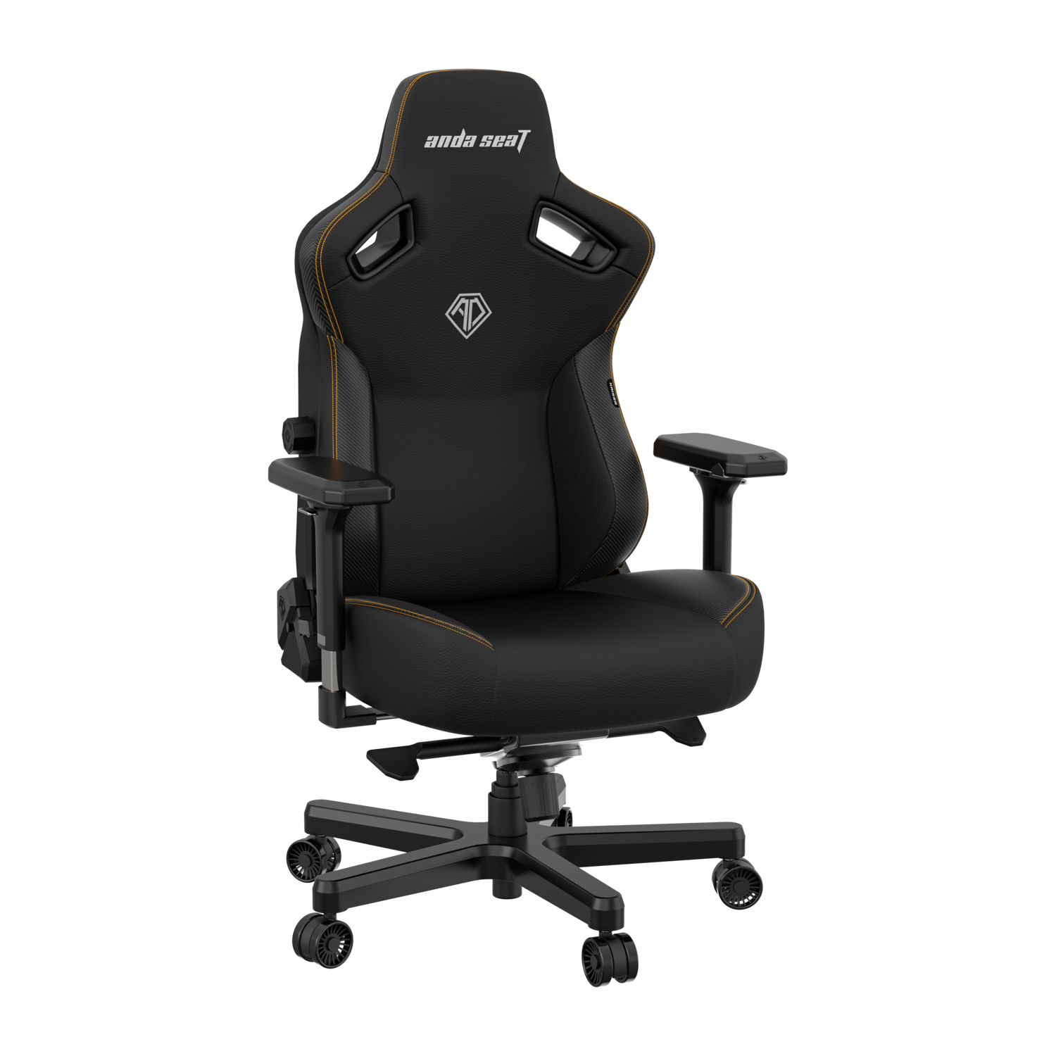 A black gaming chair with orange stitching. The chair has the Anda Seat logo and a black background.