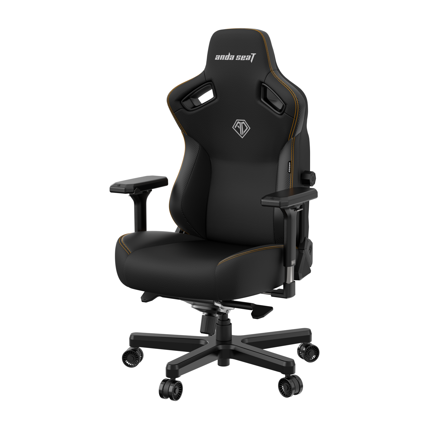 Black gaming chair with orange stitching. Anda Seat logo on the headrest. Black background.