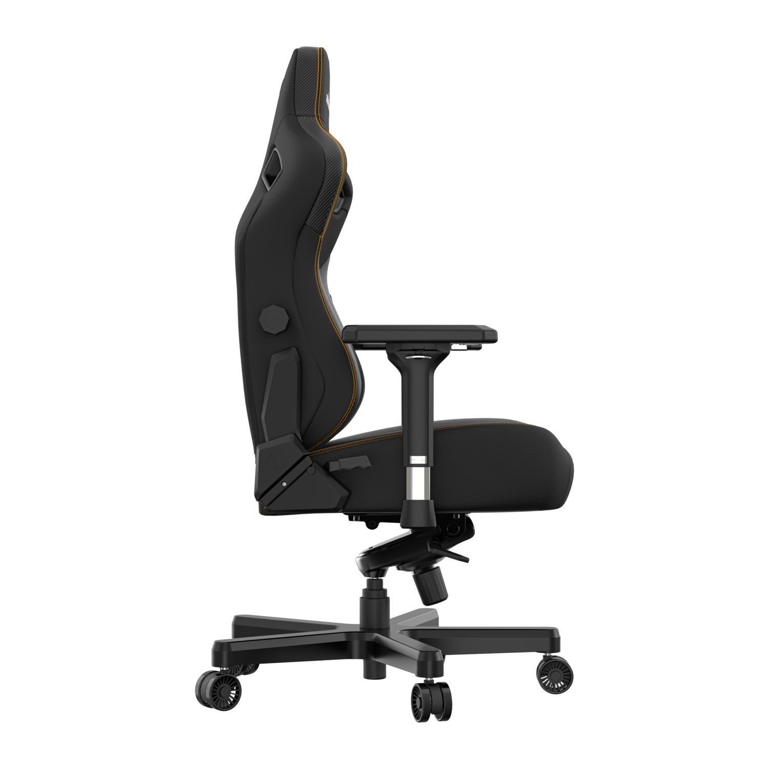 Black gaming chair with orange stitching, side view. It has a headrest and armrests, black background.