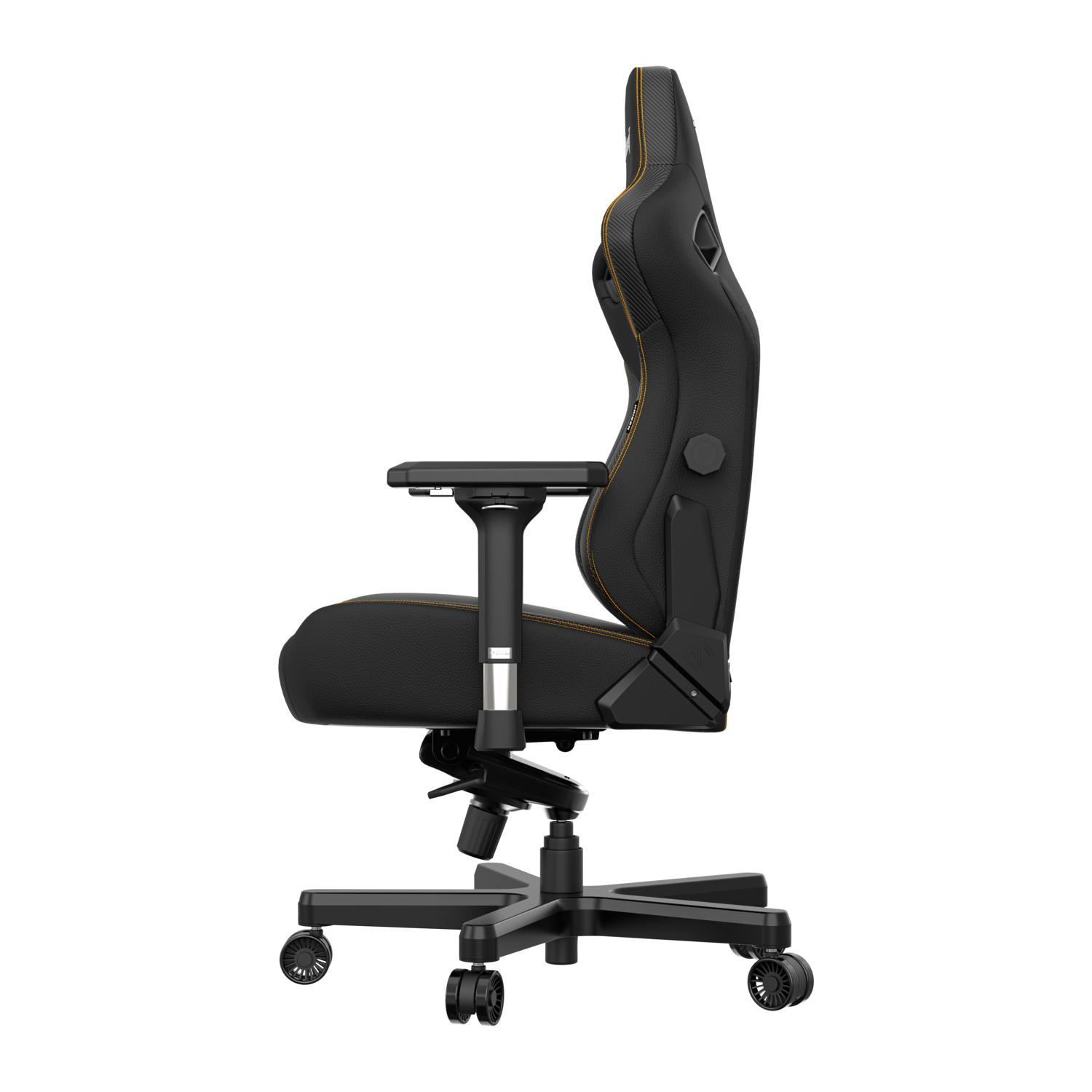 Black gaming chair from the side with orange stitching and black background.