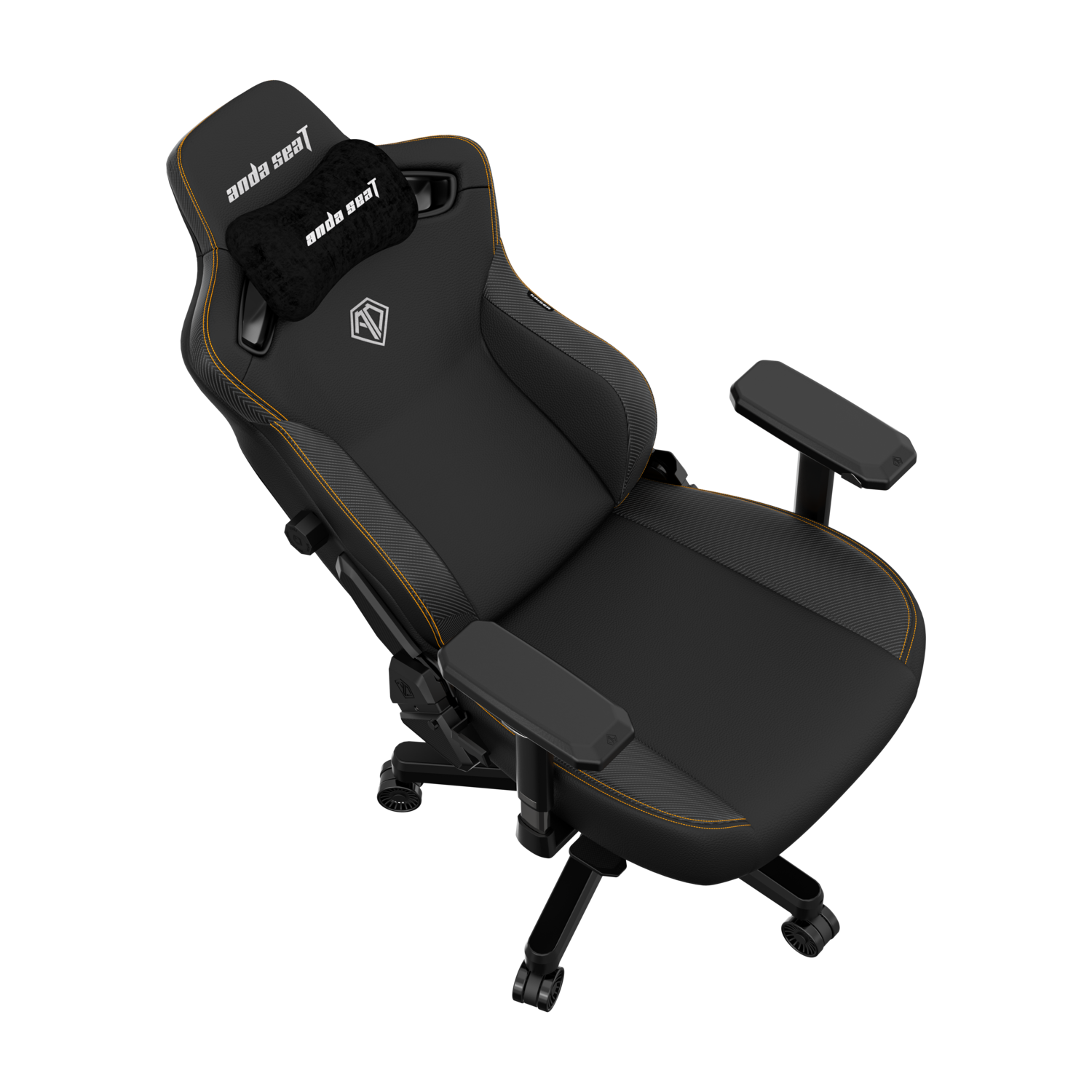 Gaming chair with black and yellow accents. Features headrest, armrests, and a logo on the back.