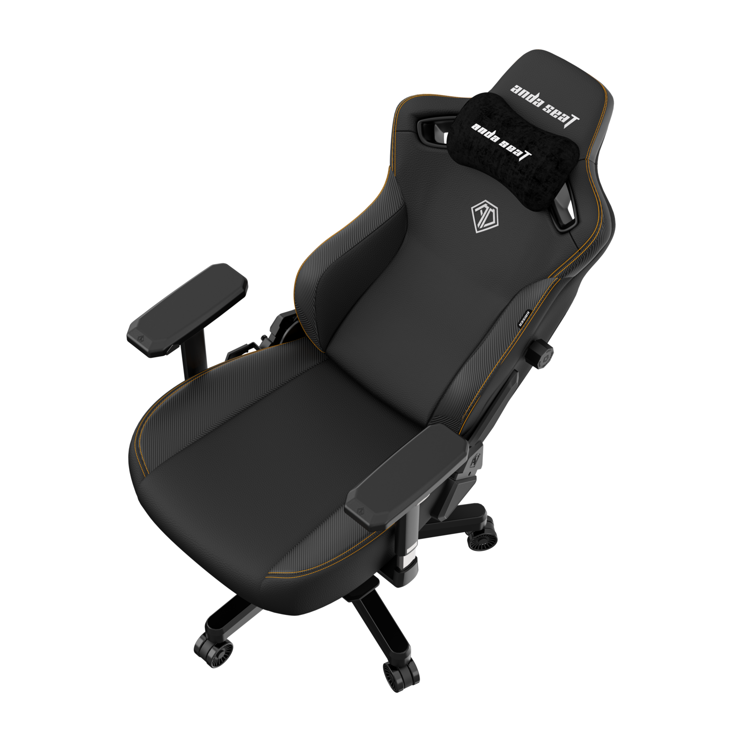 Black gaming chair with orange stitching. Has a headrest with Anda Seat logo.
