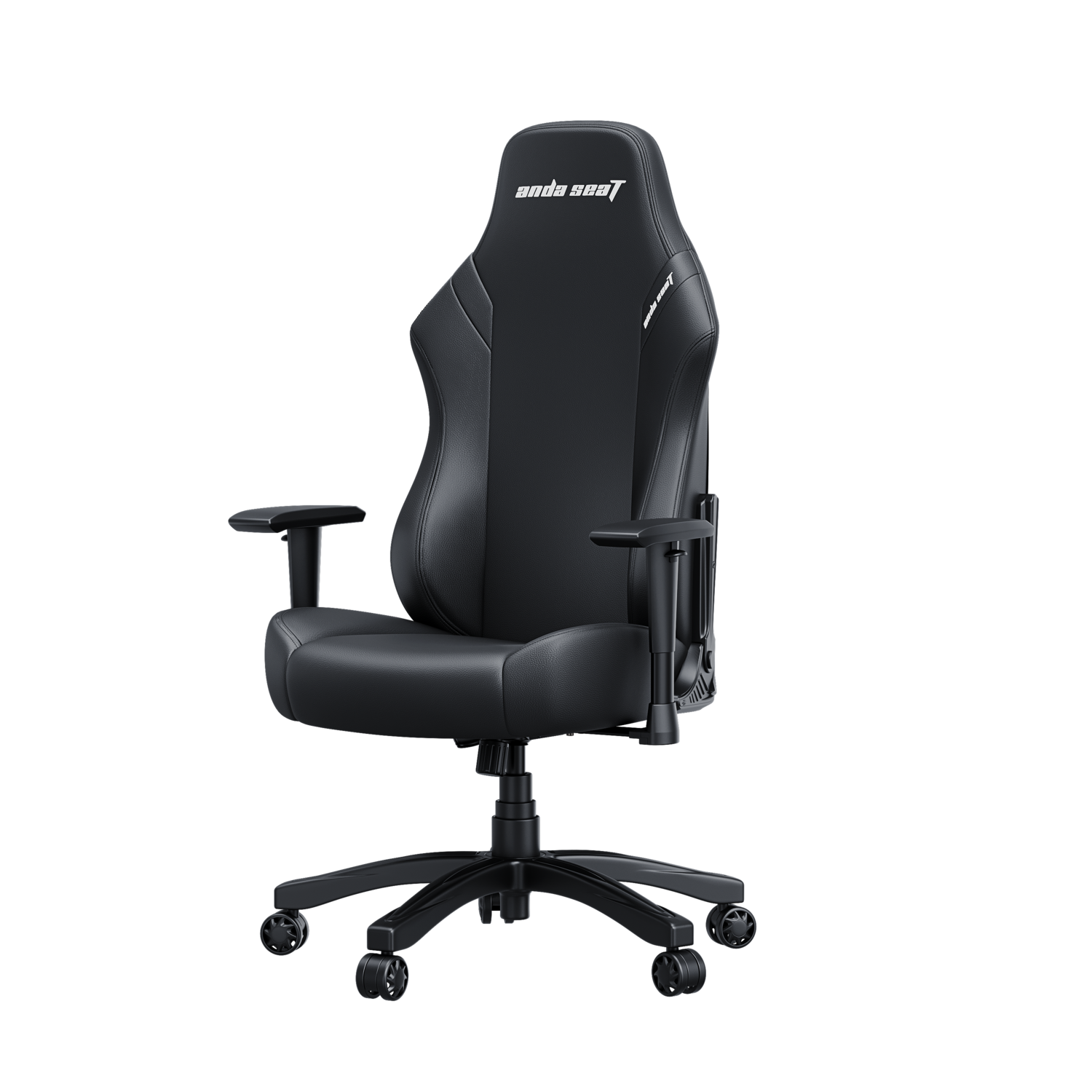 A black gaming chair with a high back and armrests, on a black background.