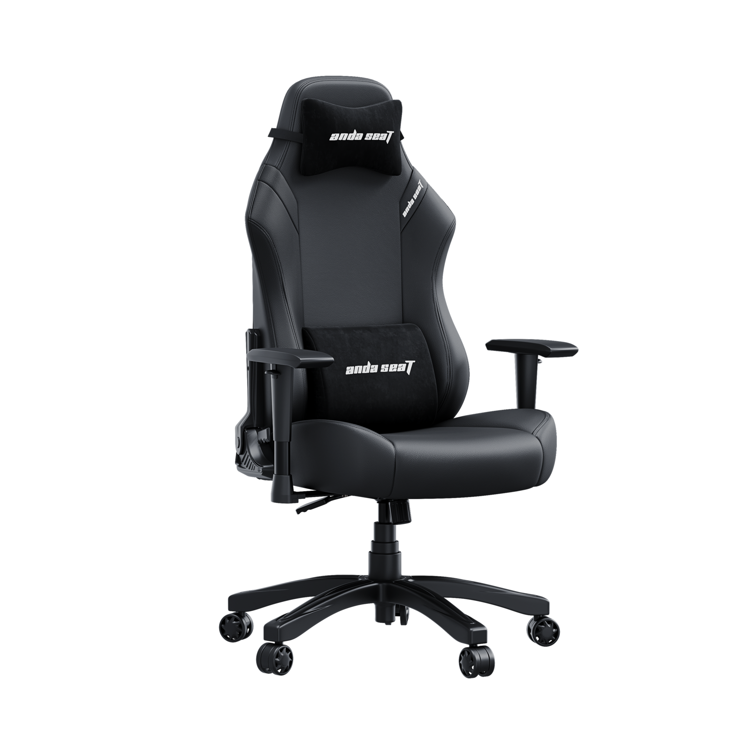 Black gaming chair with pillows. Anda Seat logo on the pillows. Black background.