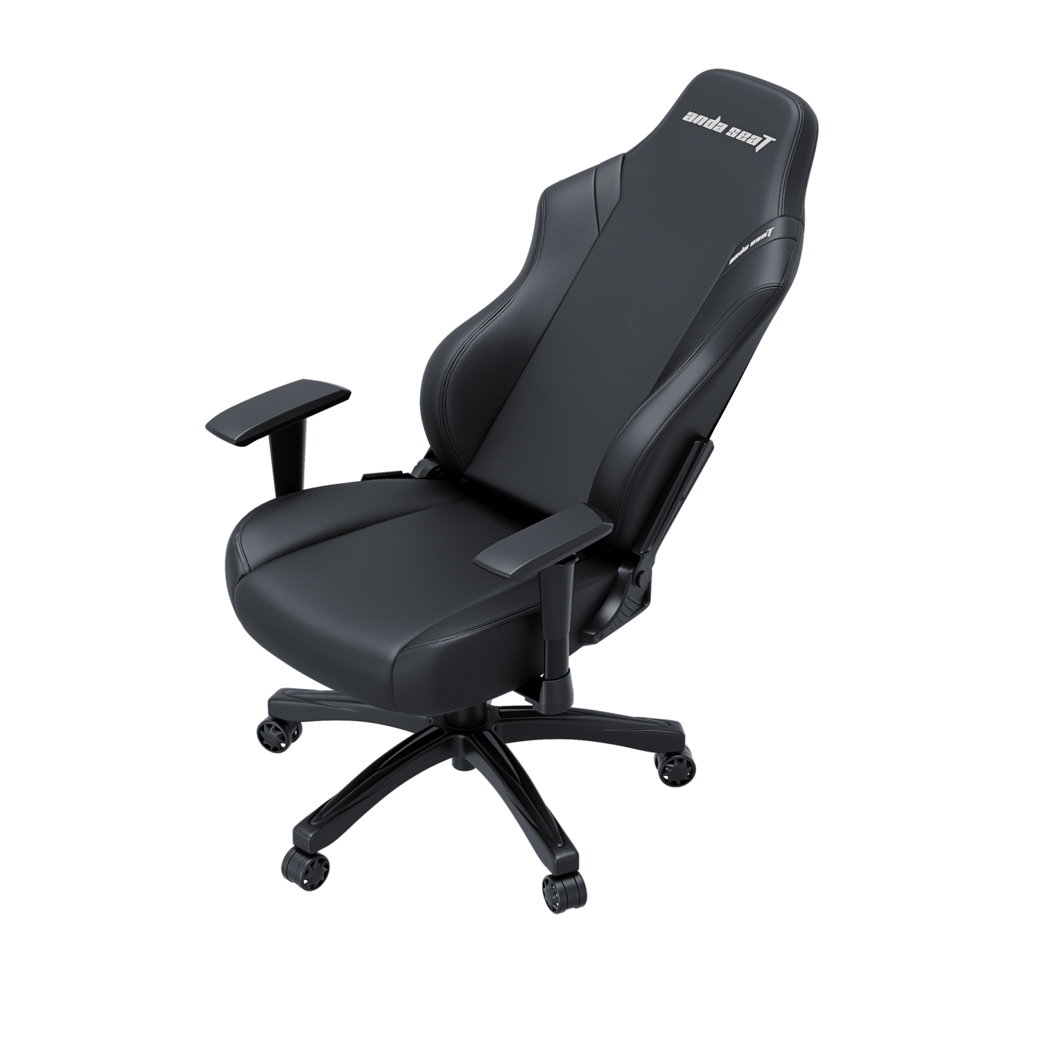 Black gaming chair with the brand name 'Anda Seat' on the headrest. It has armrests and a black base with wheels.