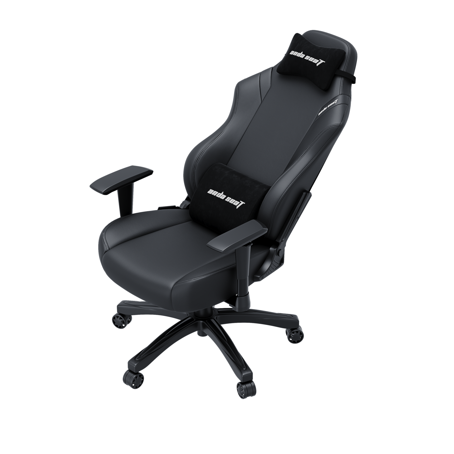Black gaming chair with headrest and armrests. Anda Seat logo is visible.