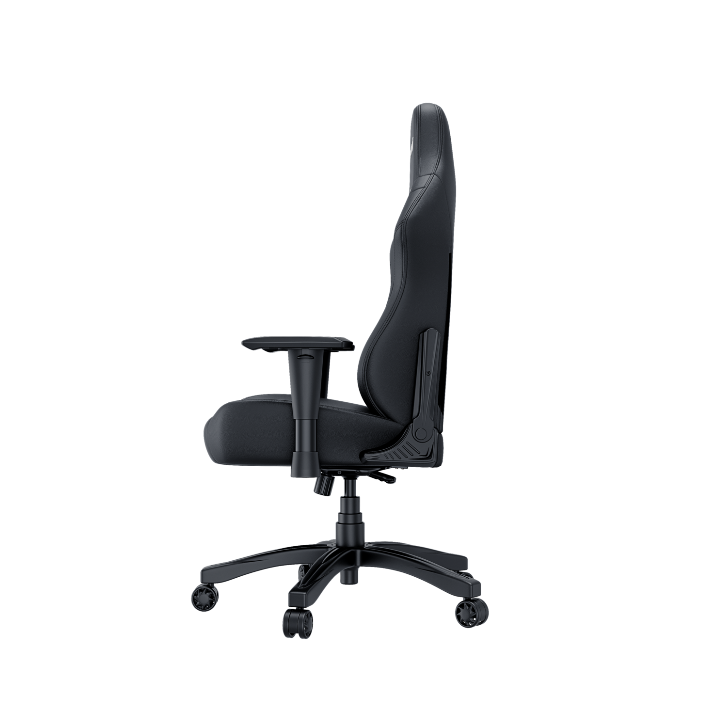 A black gaming chair in profile.  It has a high back, armrests, and a five-wheel base.