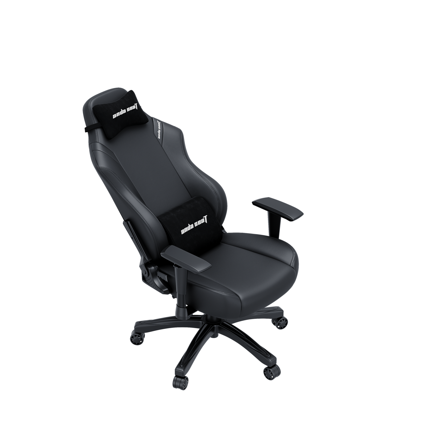 A black gaming chair with a headrest and lumbar pillow.
