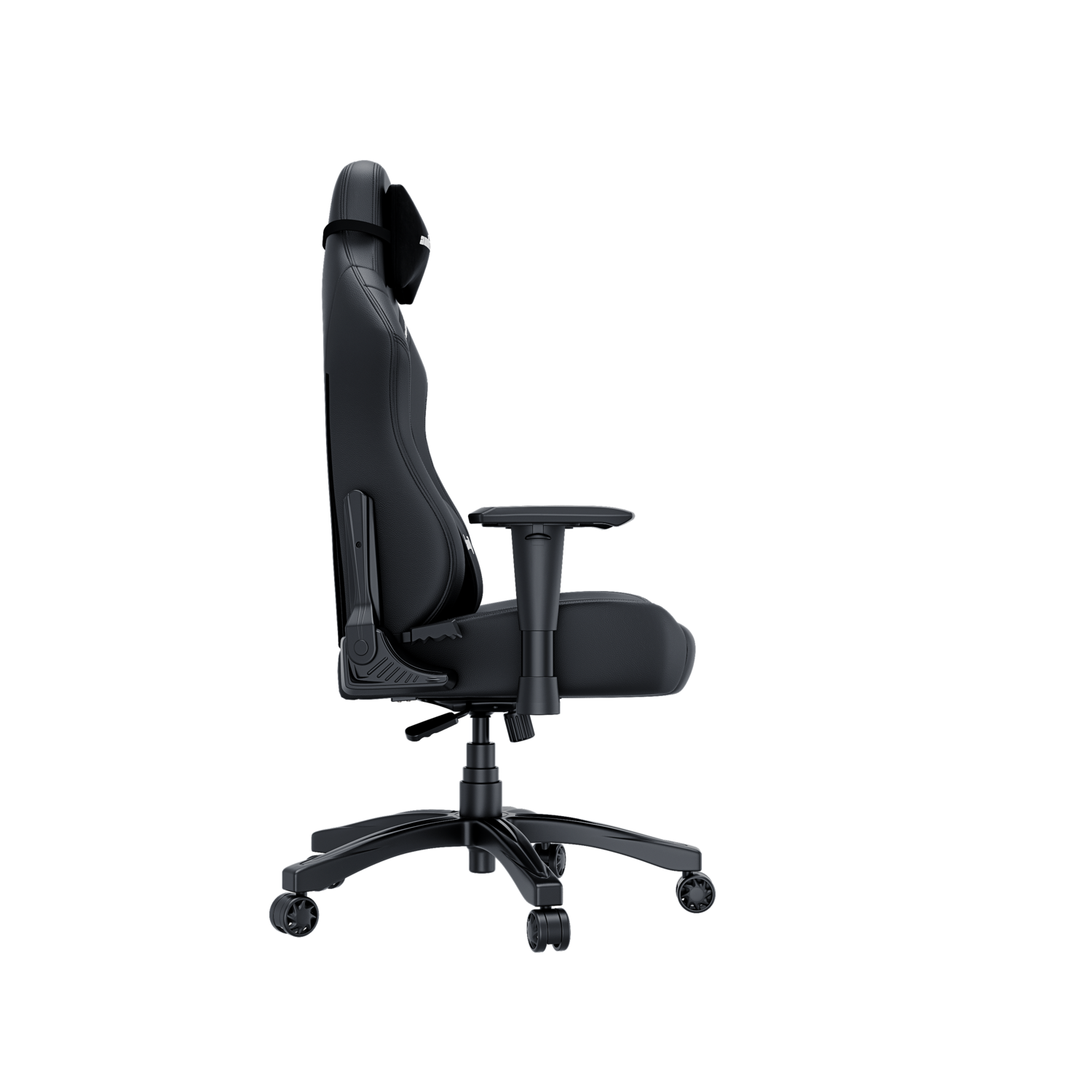 Black gaming chair with black accents. It has a headrest and armrests. The brand name is visible.