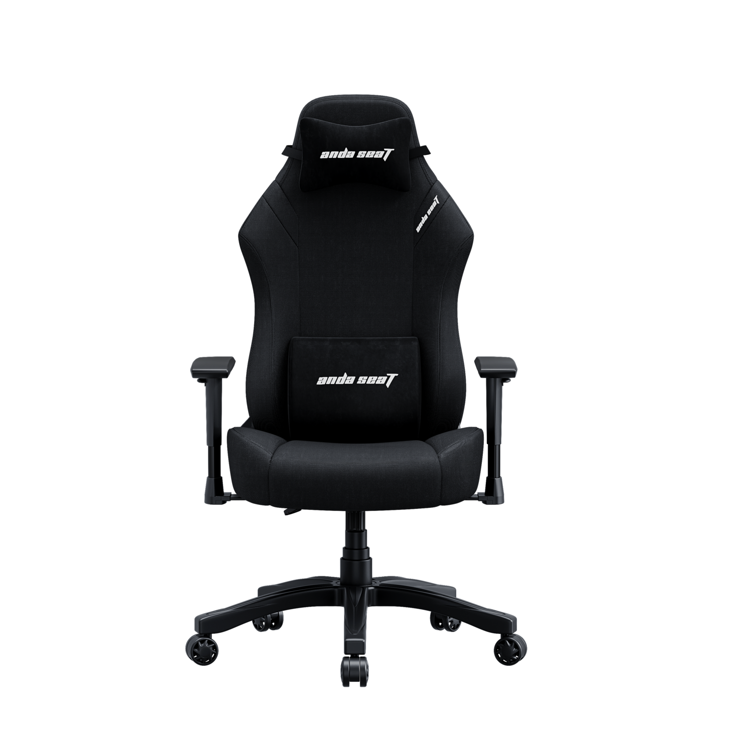 A black gaming chair with headrest and lumbar support, on a black background.