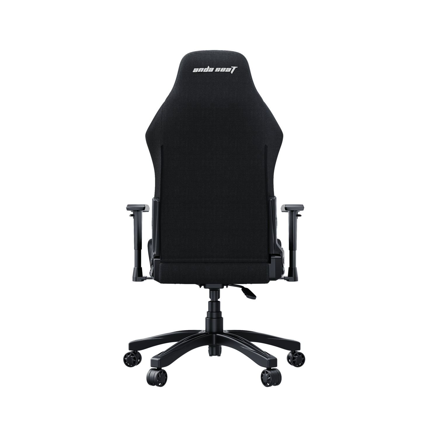The back of a black gaming chair with white text on the headrest.