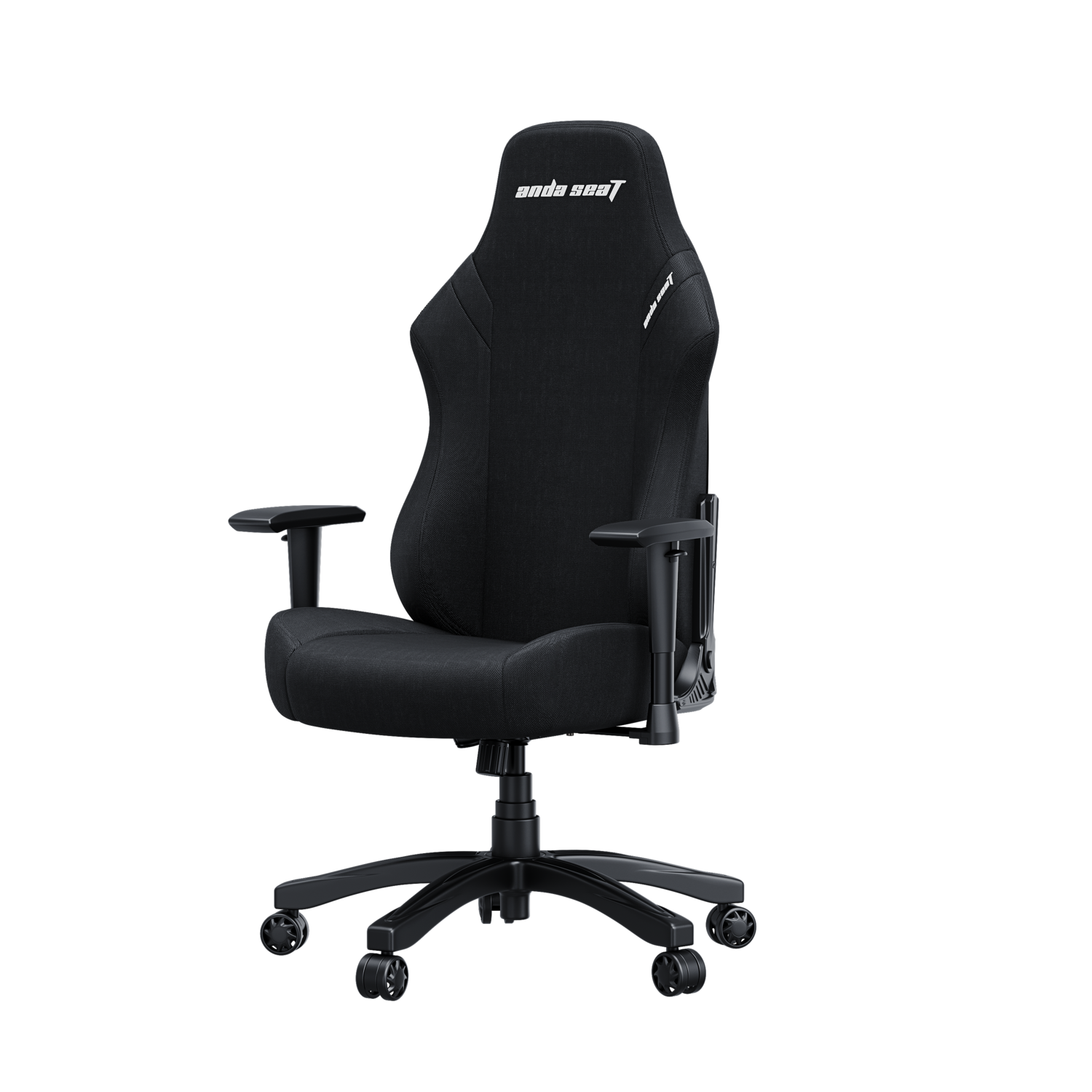 Black gaming chair with Anda Seat logo on the back. Armrests and wheels are visible.