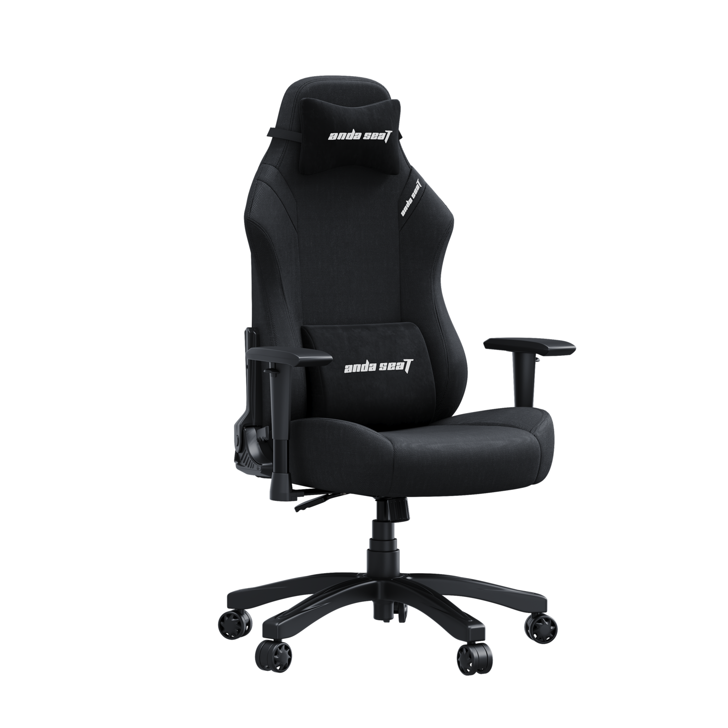 A black gaming chair with 'anda seat' logo on the headrest and lumbar pillow. Black background.