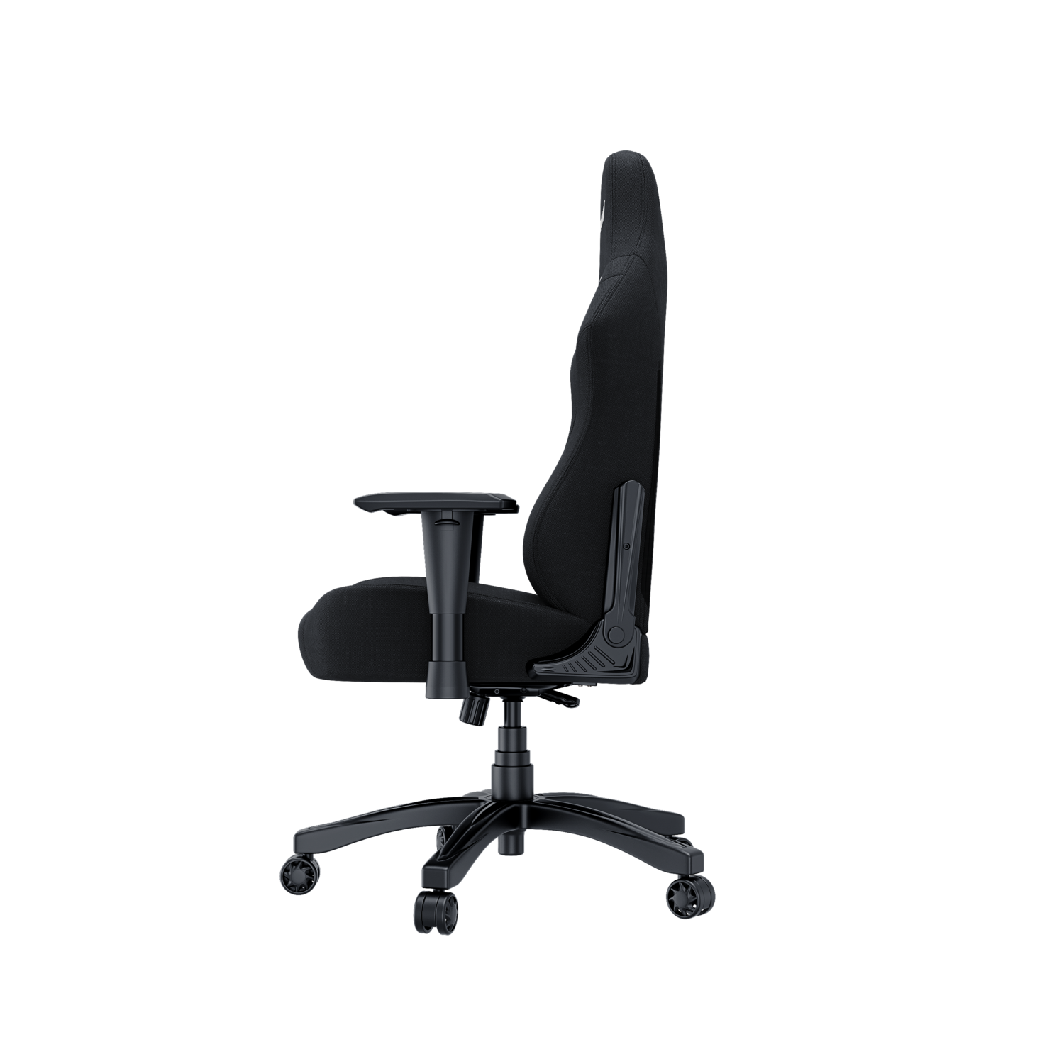 Black gaming chair in profile, showing a high backrest and armrests.