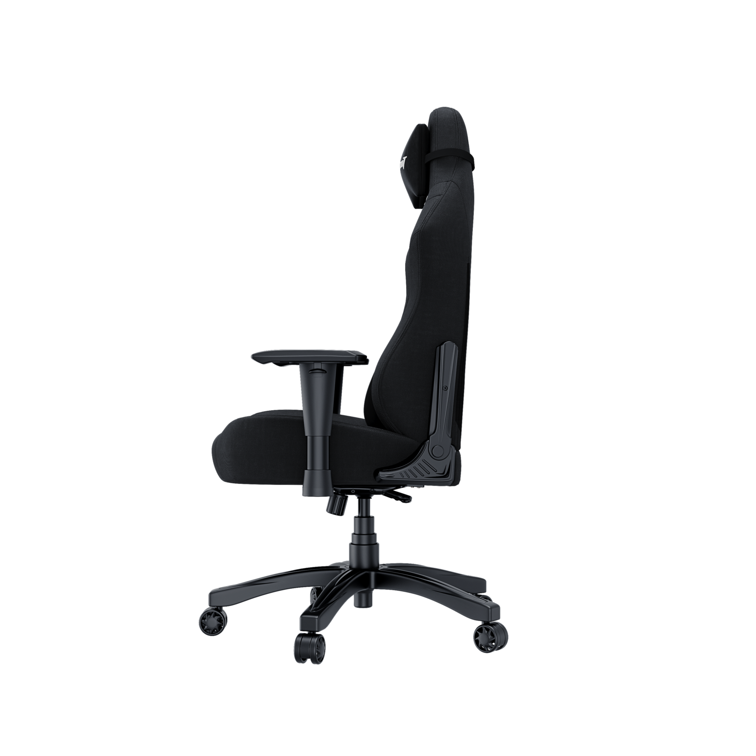 Side view of a black gaming chair with headrest, armrests, and wheels, set against a black background.