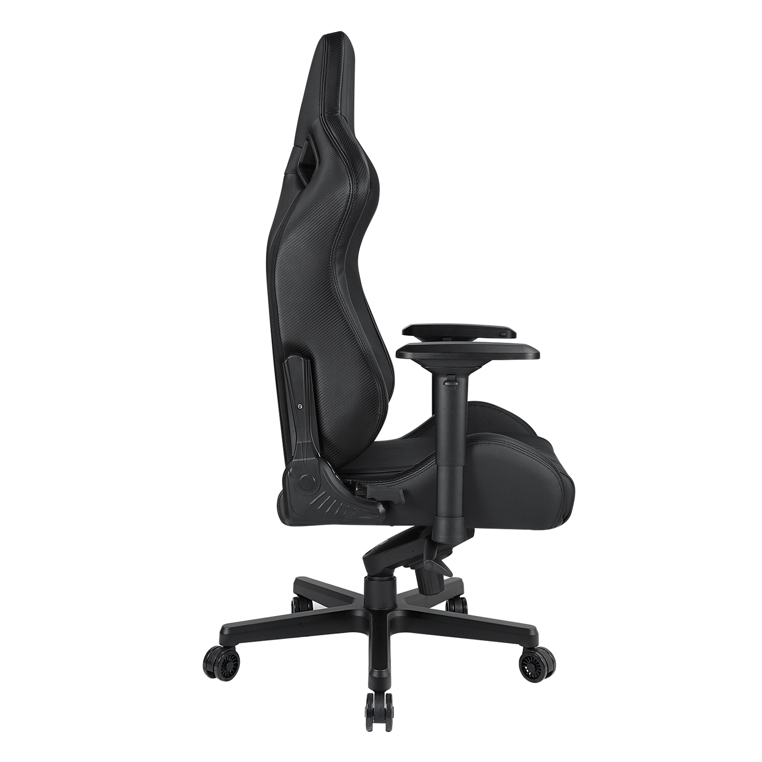 Black gaming chair in profile. It has a high back, armrests, and a five-wheel base. White background.