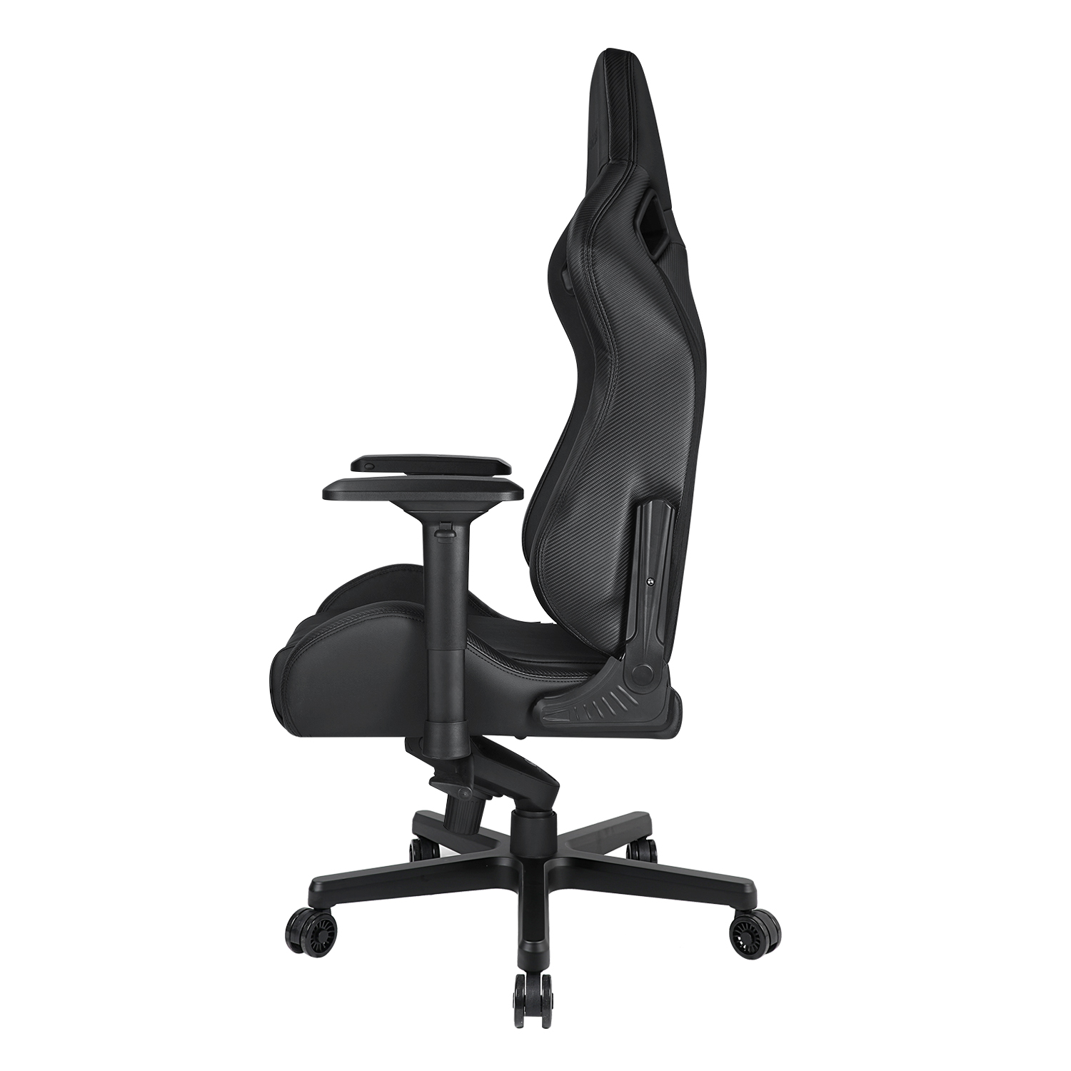 Side view of a black gaming chair on a white background, showing the seat and backrest.