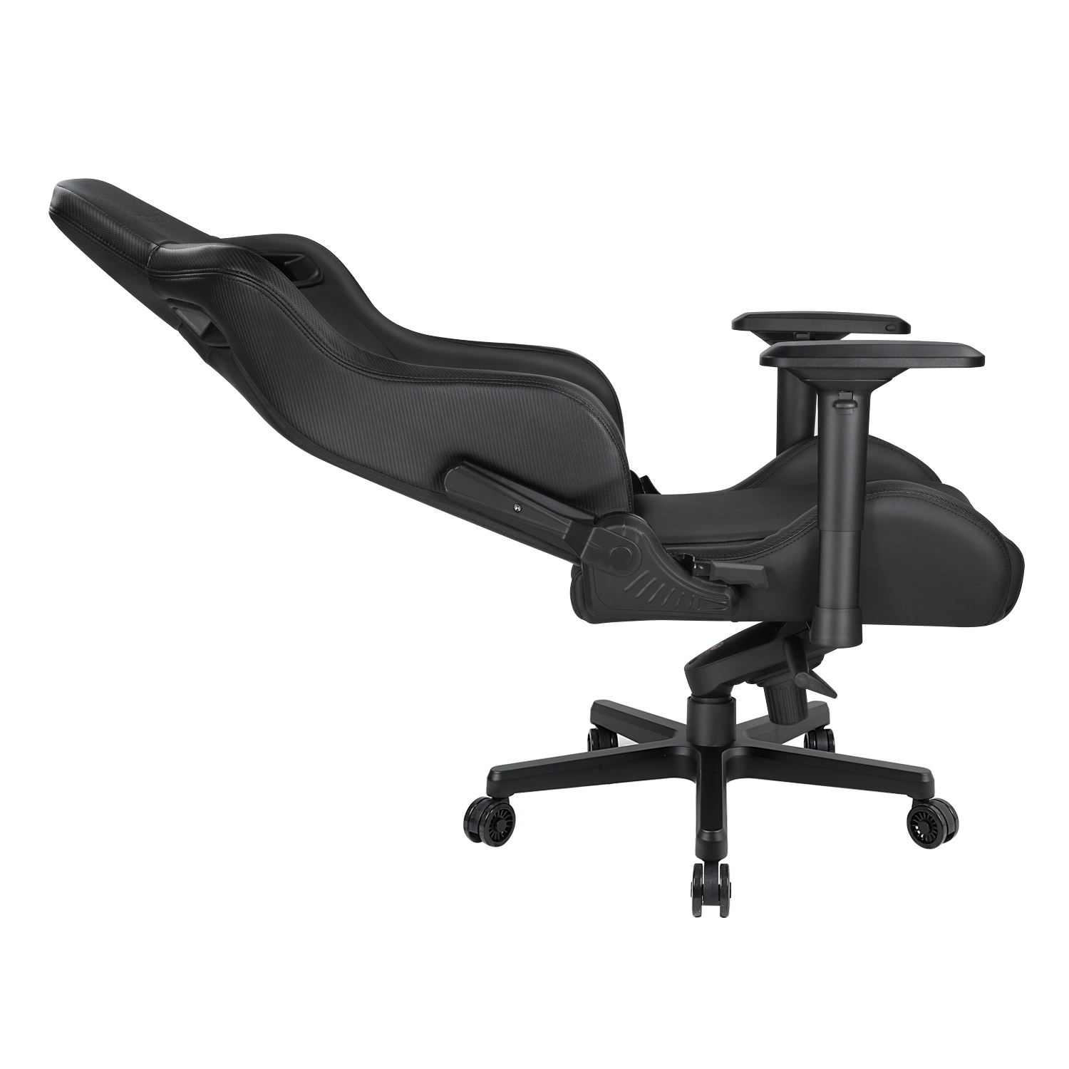 A black gaming chair with adjustable armrests and a high back.