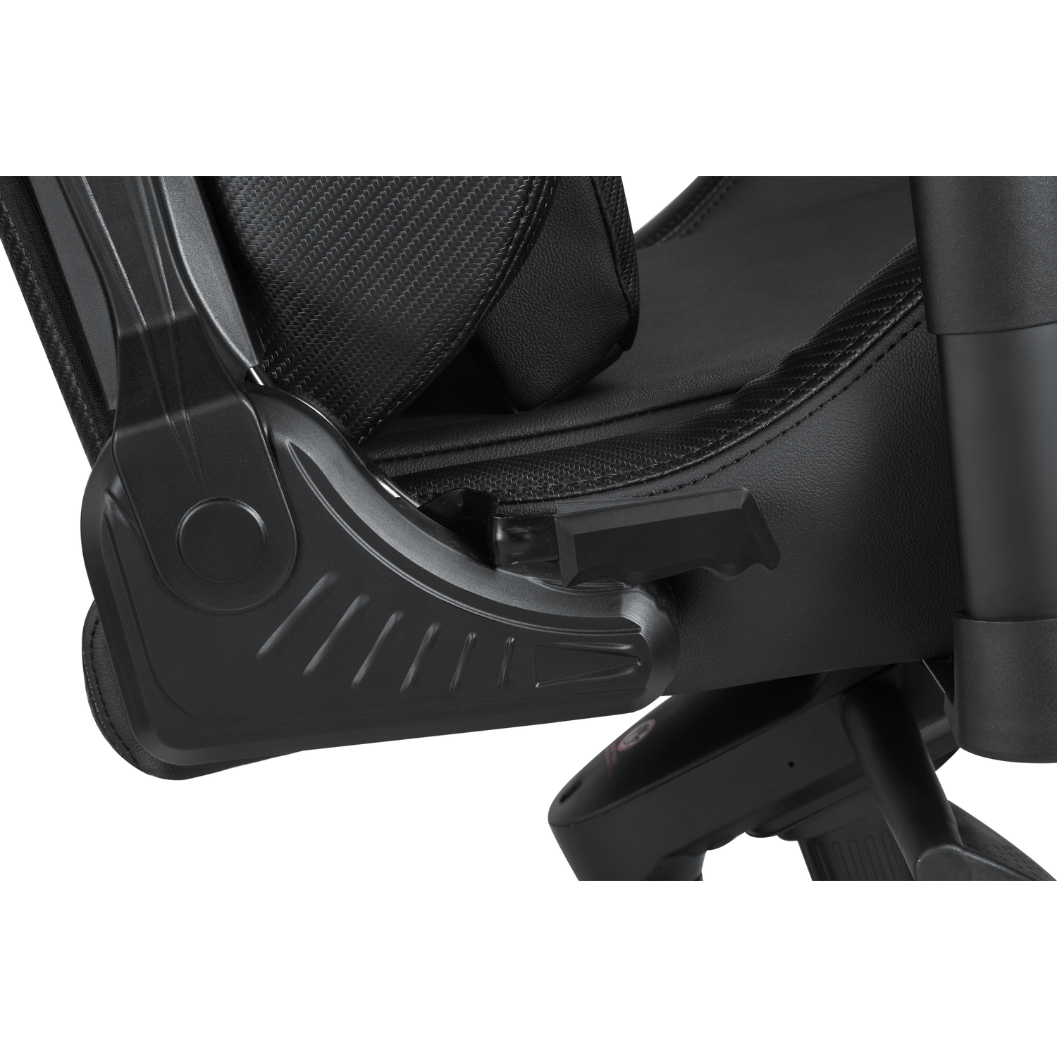 Black and gray gaming chair, close up of the armrest and a lever.