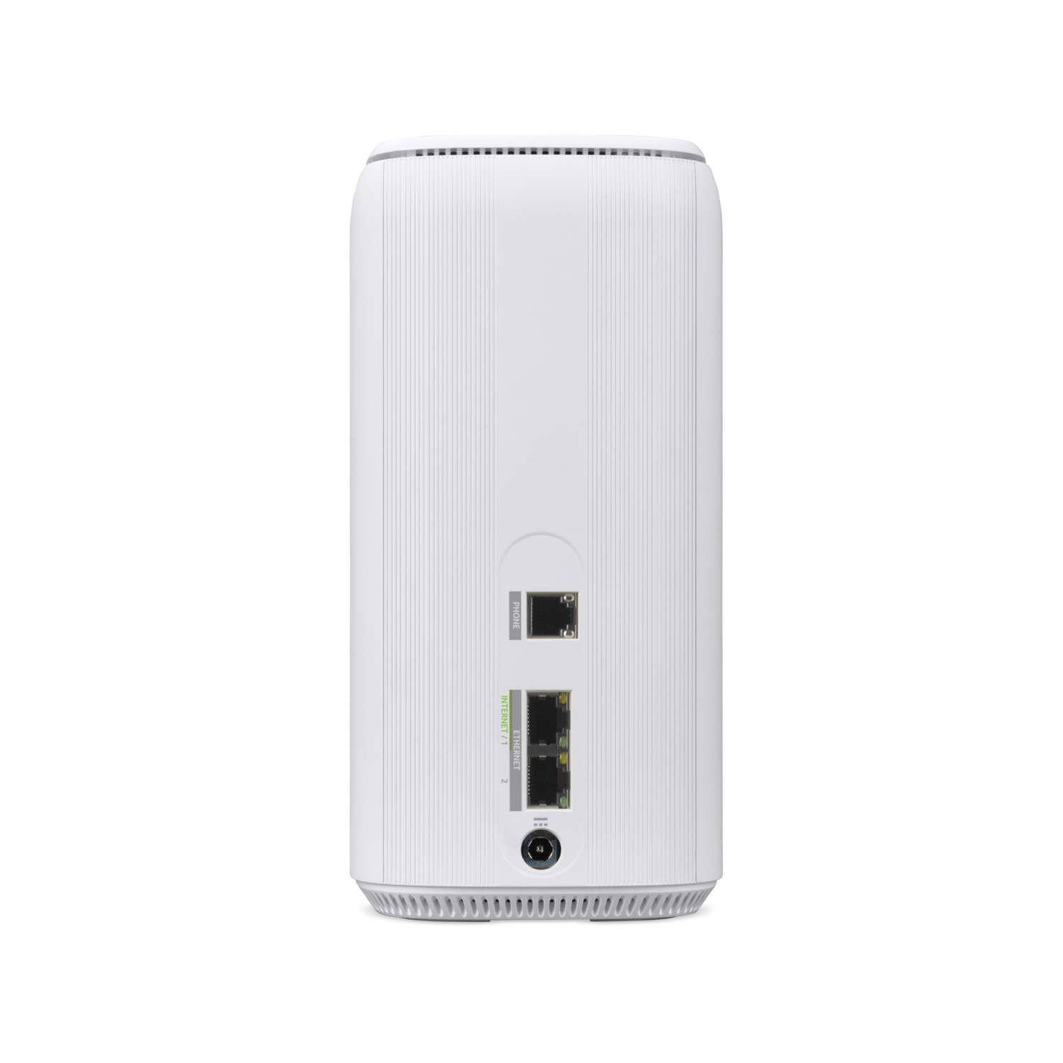 White router with ports and labels on the back, angled on a black backdrop.