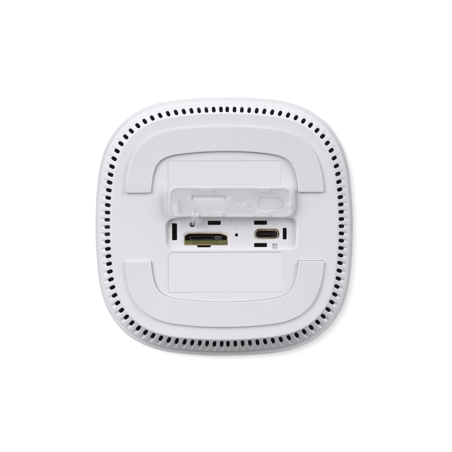 A white, rounded device with a series of ports and slots is centered against a black background. It has a reset button and a USB port.