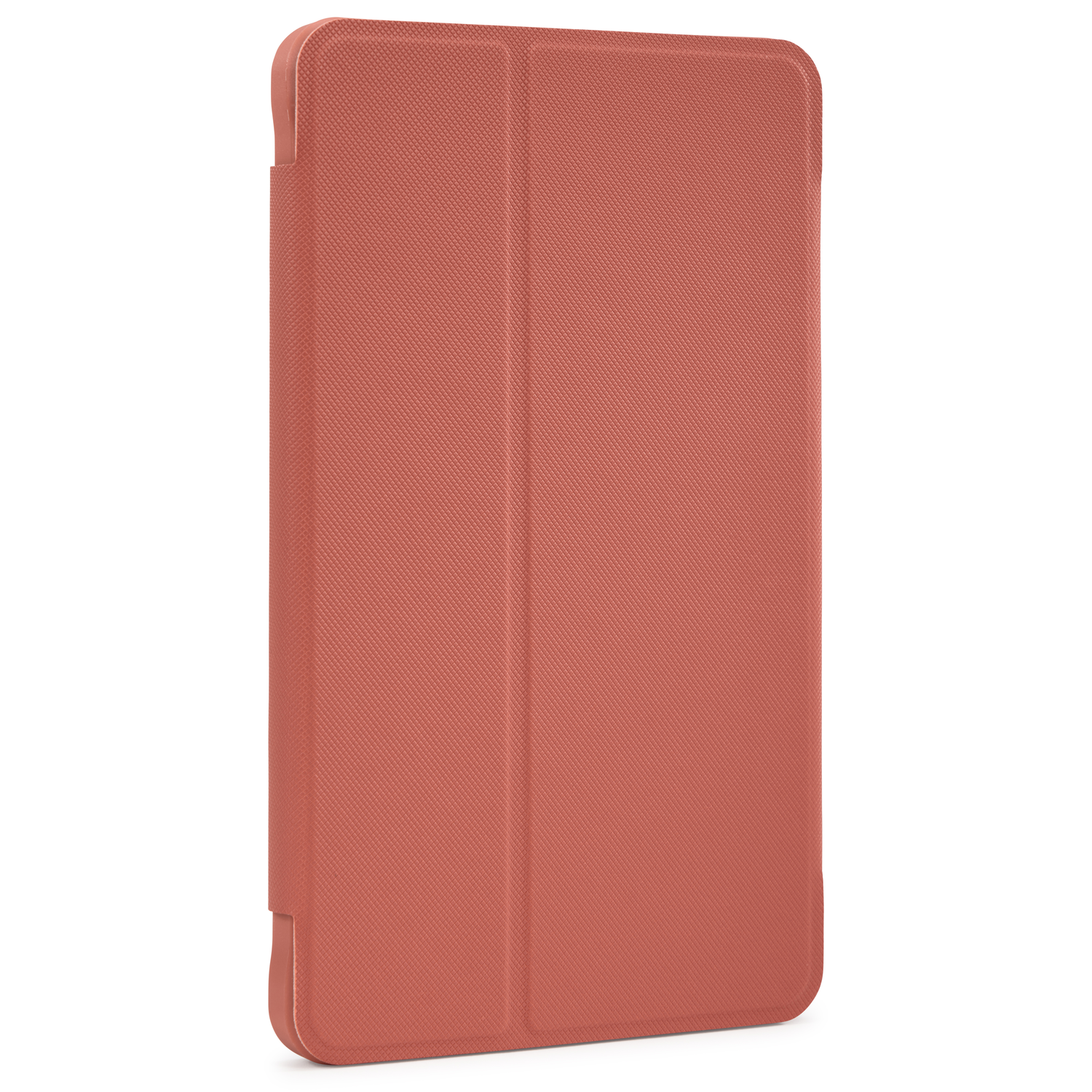 A red tablet case with a textured surface. It is closed.