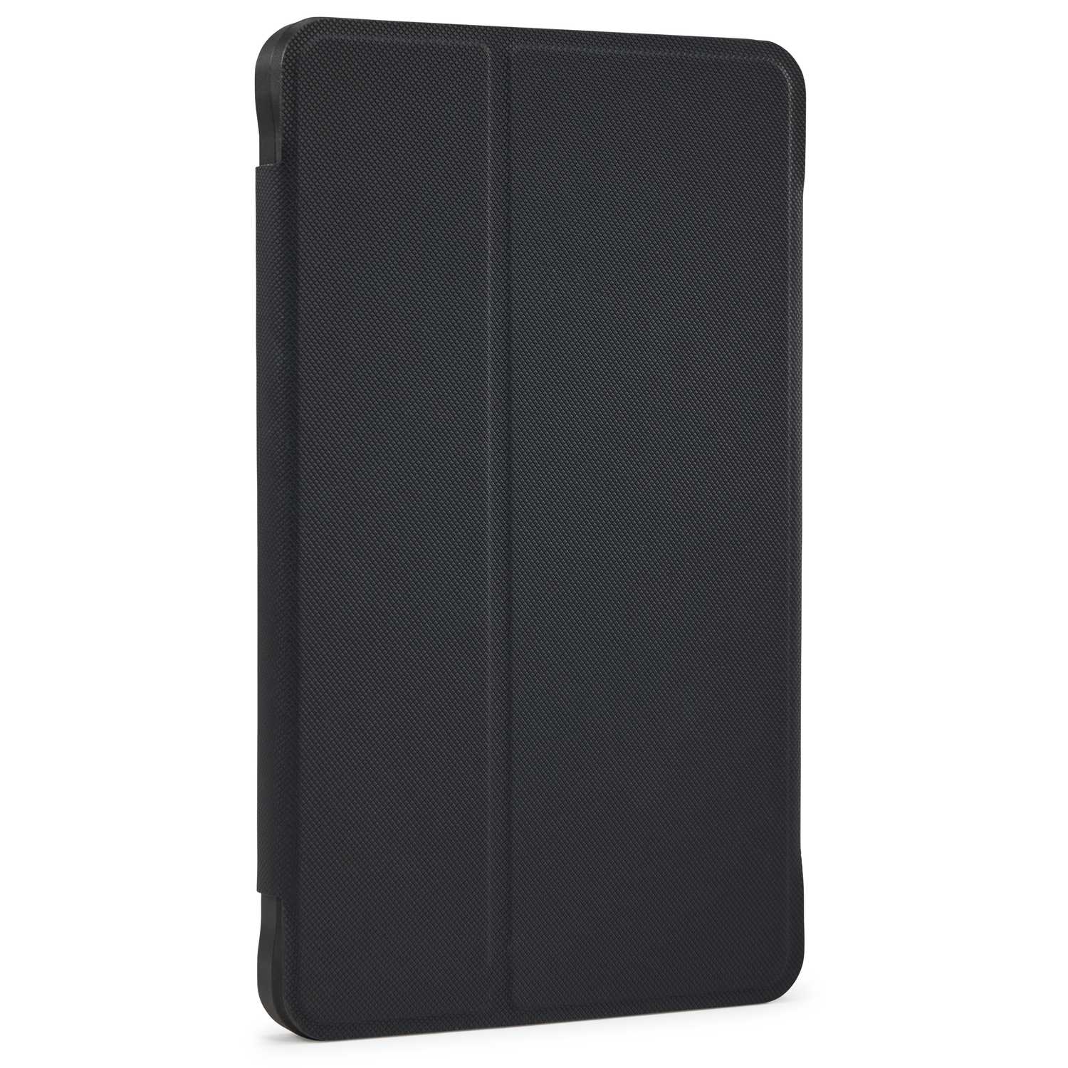 Black tablet case, closed. Textured surface. Vertical view. White background. No branding visible.