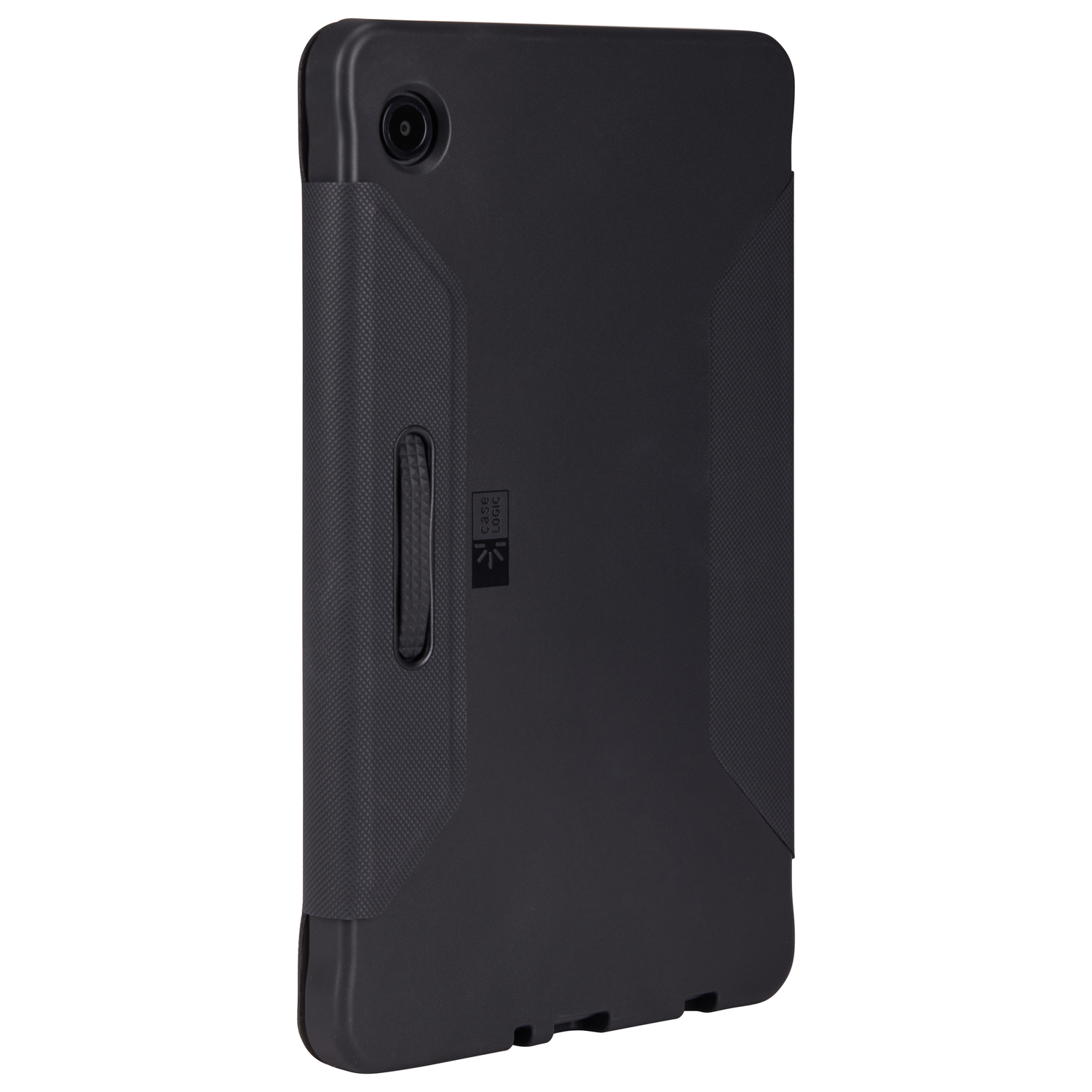 A black tablet case with a textured back and a handle. The case is for a tablet.