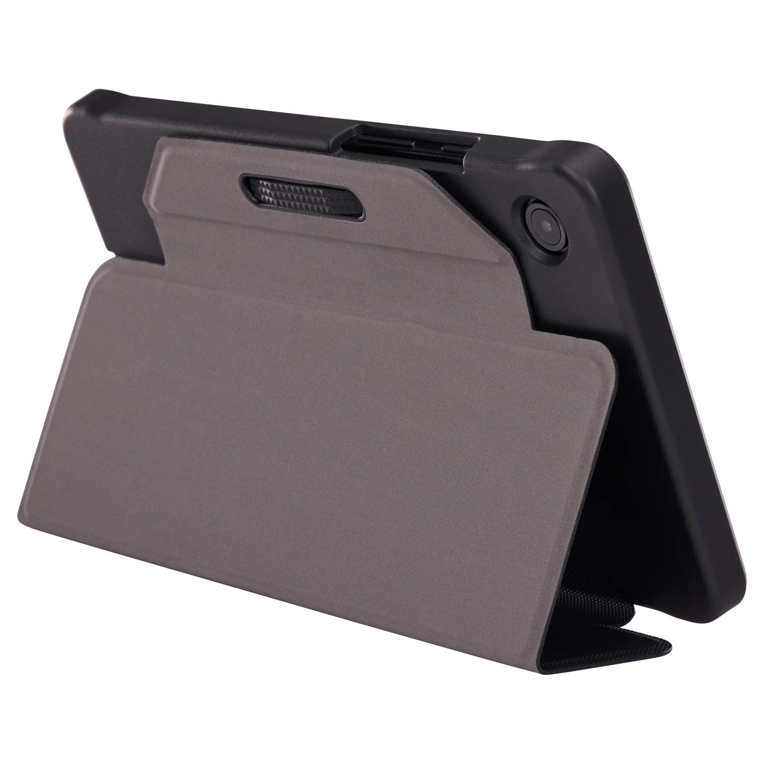 Tablet in gray case, propped up, with black frame and camera.