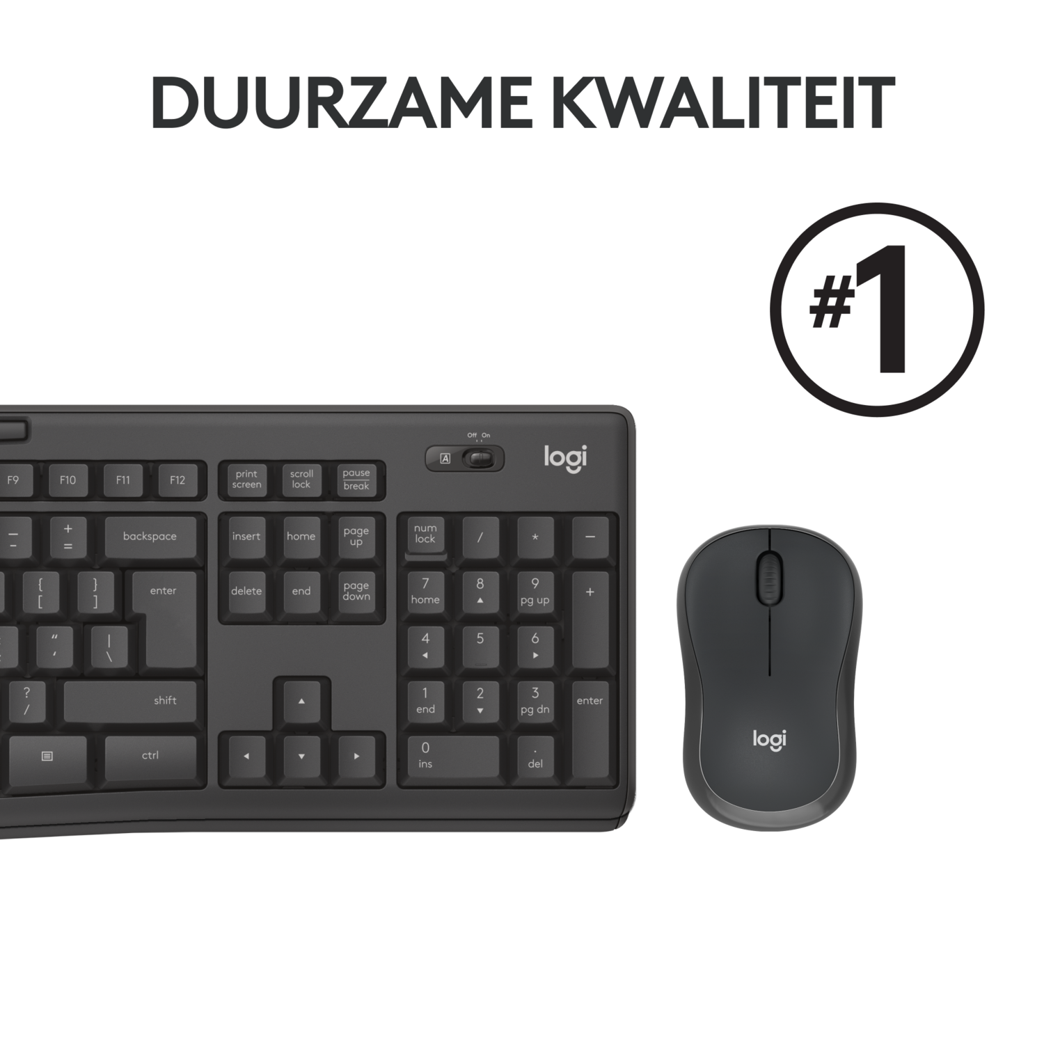 Een zwarte toetsenbord- en muisset met het woord “DUURZAME KWALITEIT”.